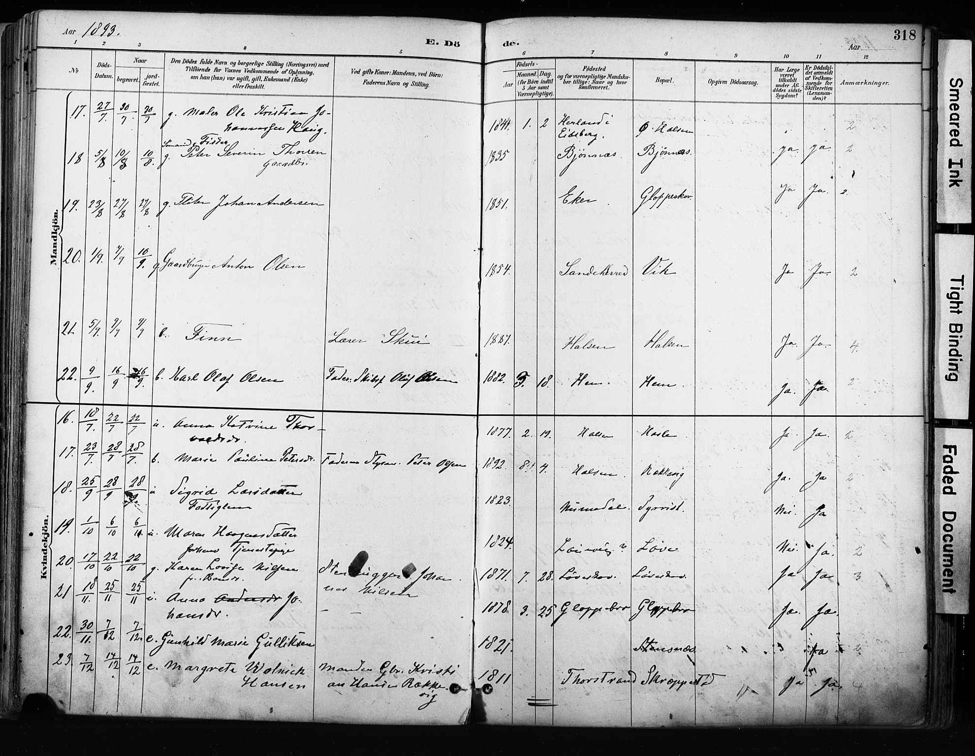 Tjølling kirkebøker, AV/SAKO-A-60/F/Fa/L0009: Parish register (official) no. 9, 1887-1905, p. 318