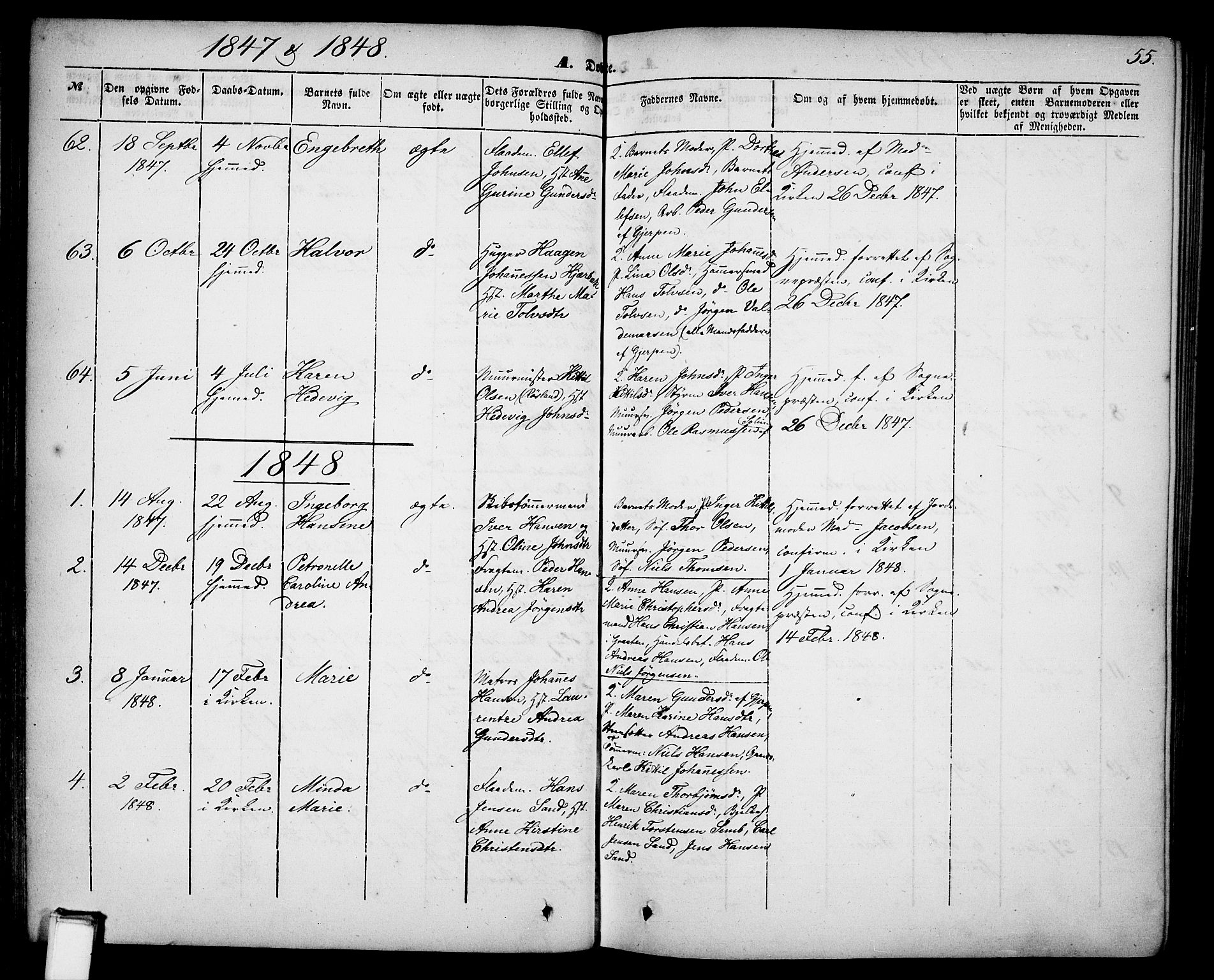 Skien kirkebøker, AV/SAKO-A-302/G/Ga/L0004: Parish register (copy) no. 4, 1843-1867, p. 55