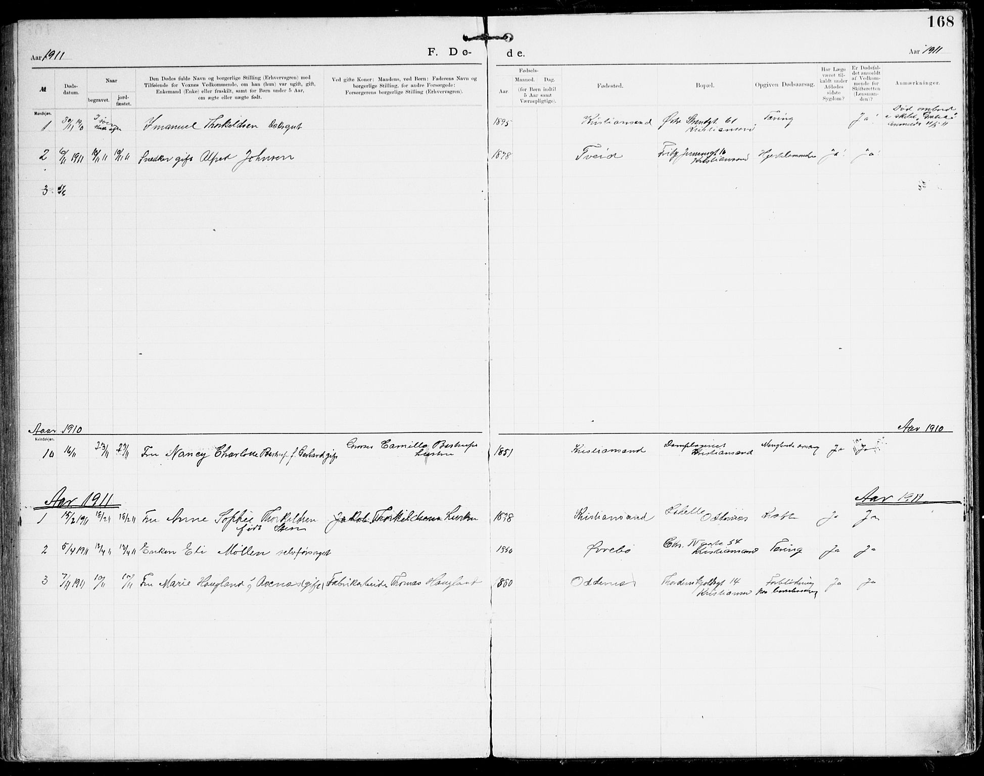 Den evangelisk-lutherske frikirke, Kristiansand, SAK/1292-0017/F/Fa/L0003: Dissenter register no. F 11, 1892-1925, p. 168