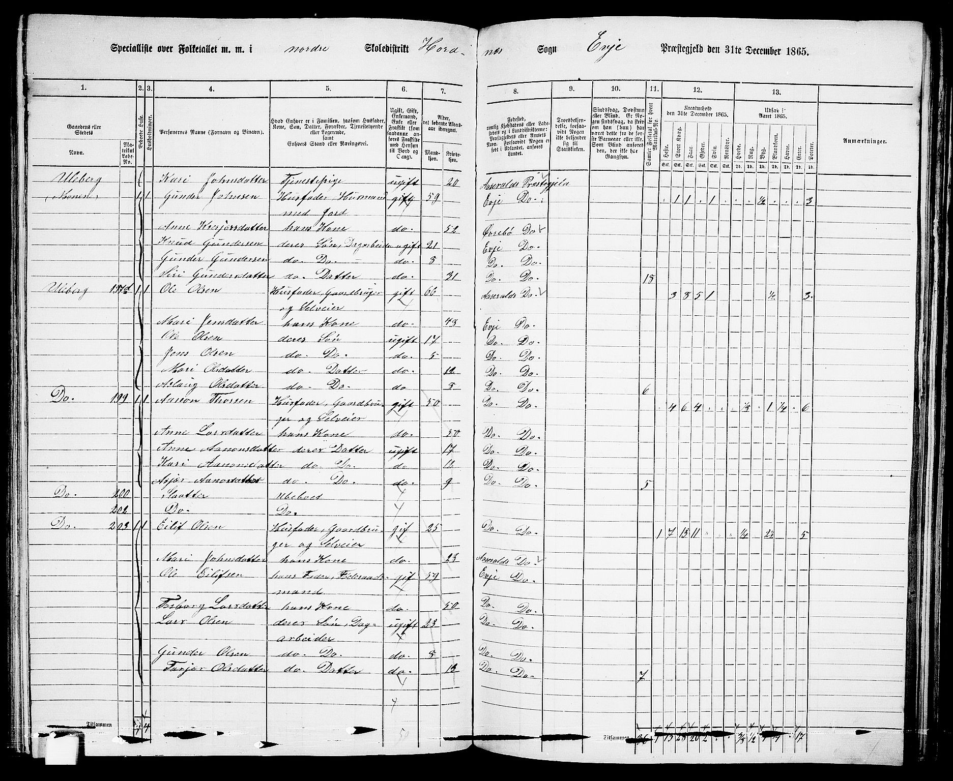 RA, 1865 census for Evje, 1865, p. 112