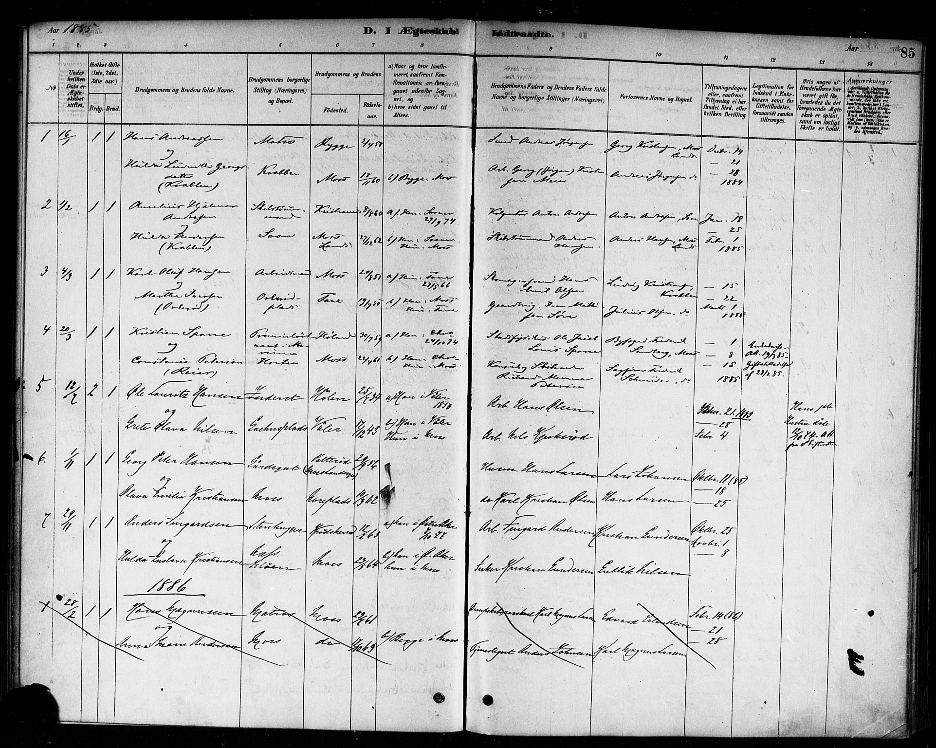 Moss prestekontor Kirkebøker, SAO/A-2003/F/Fc/L0001: Parish register (official) no. III 1, 1878-1894, p. 85