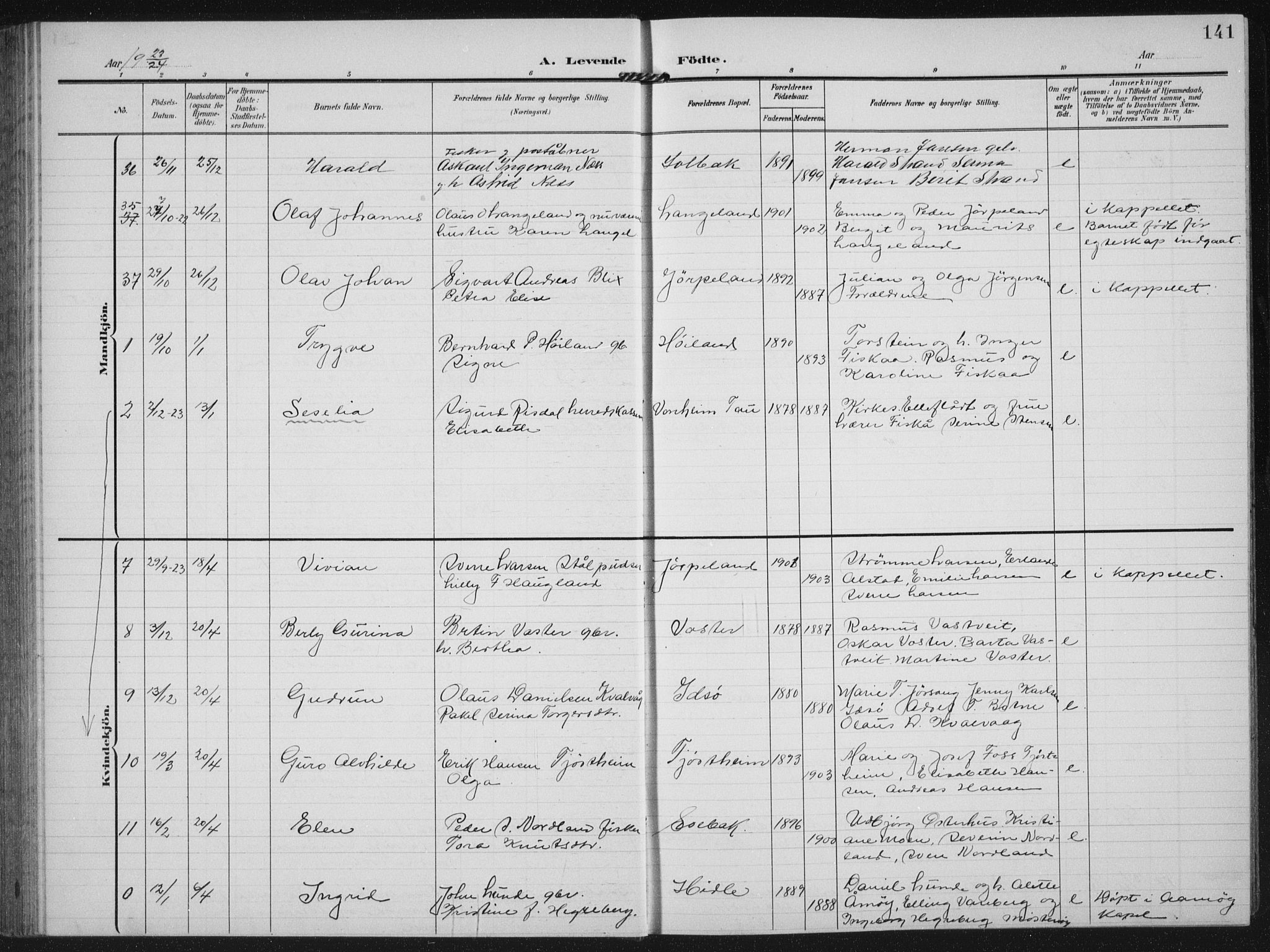 Strand sokneprestkontor, AV/SAST-A-101828/H/Ha/Hab/L0005: Parish register (copy) no. B 5, 1904-1934, p. 141