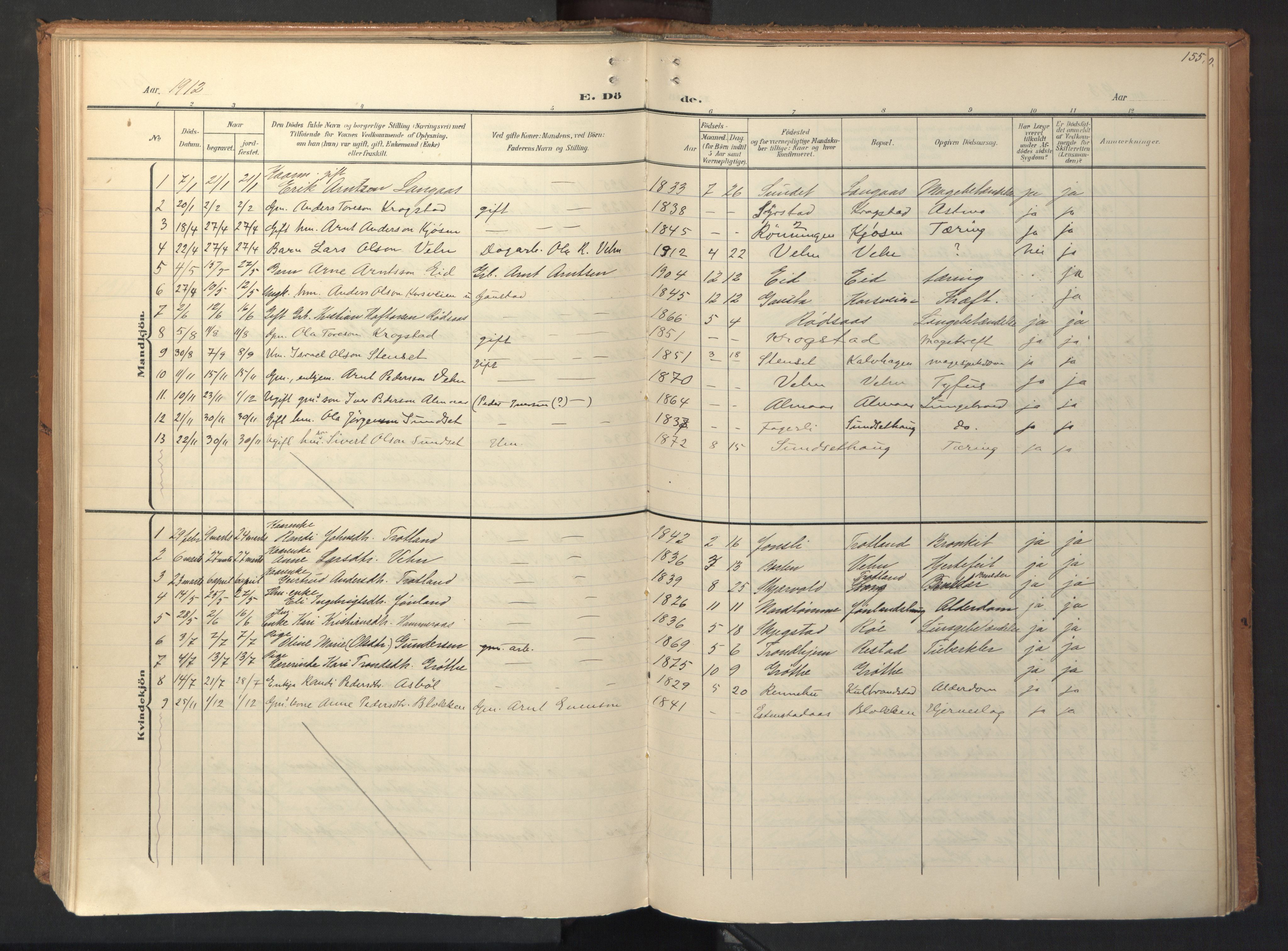 Ministerialprotokoller, klokkerbøker og fødselsregistre - Sør-Trøndelag, SAT/A-1456/694/L1128: Parish register (official) no. 694A02, 1906-1931, p. 155