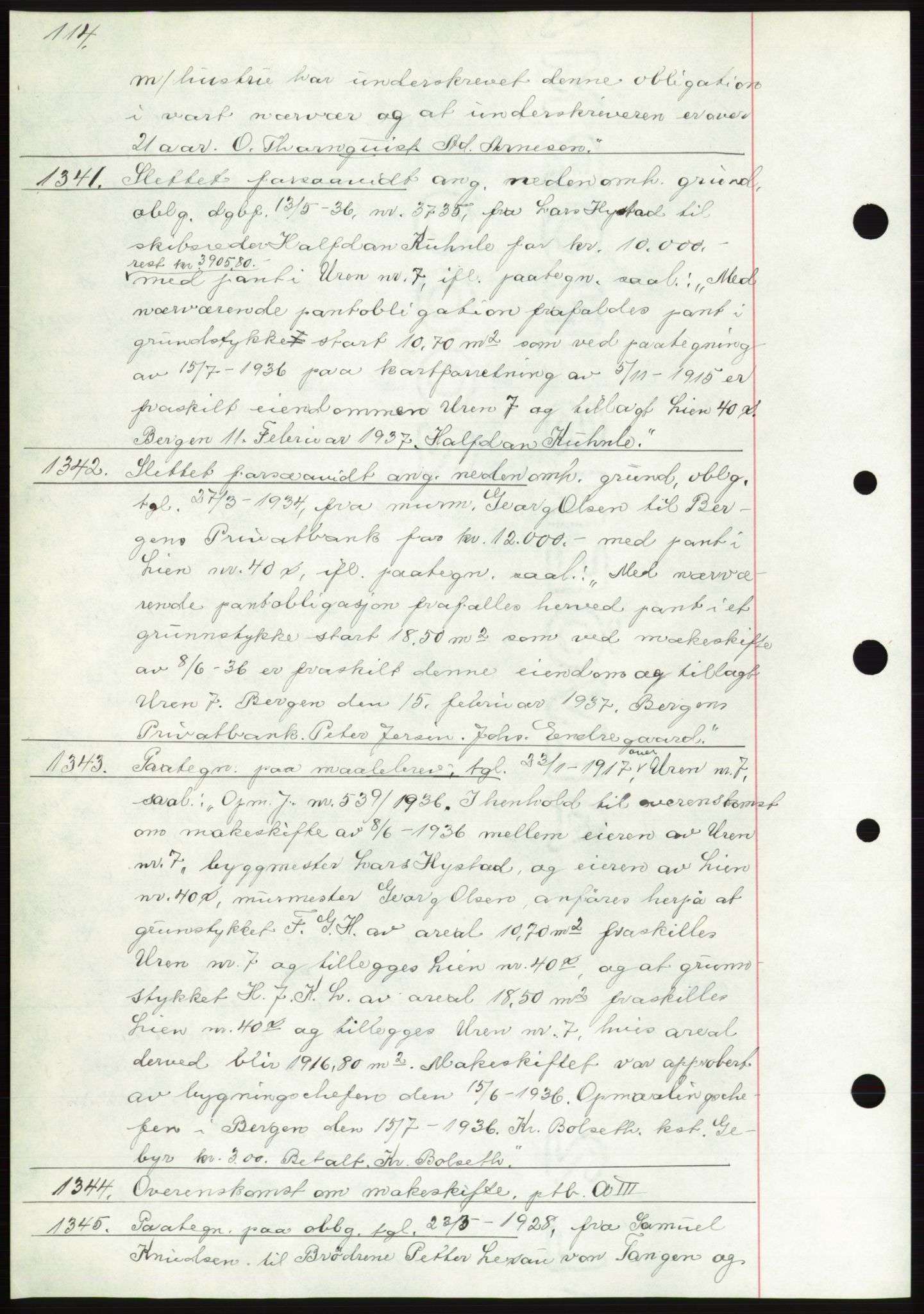 Byfogd og Byskriver i Bergen, AV/SAB-A-3401/03: Mortgage book no. C 3, 1936-1937, Diary no: : 1341/1937