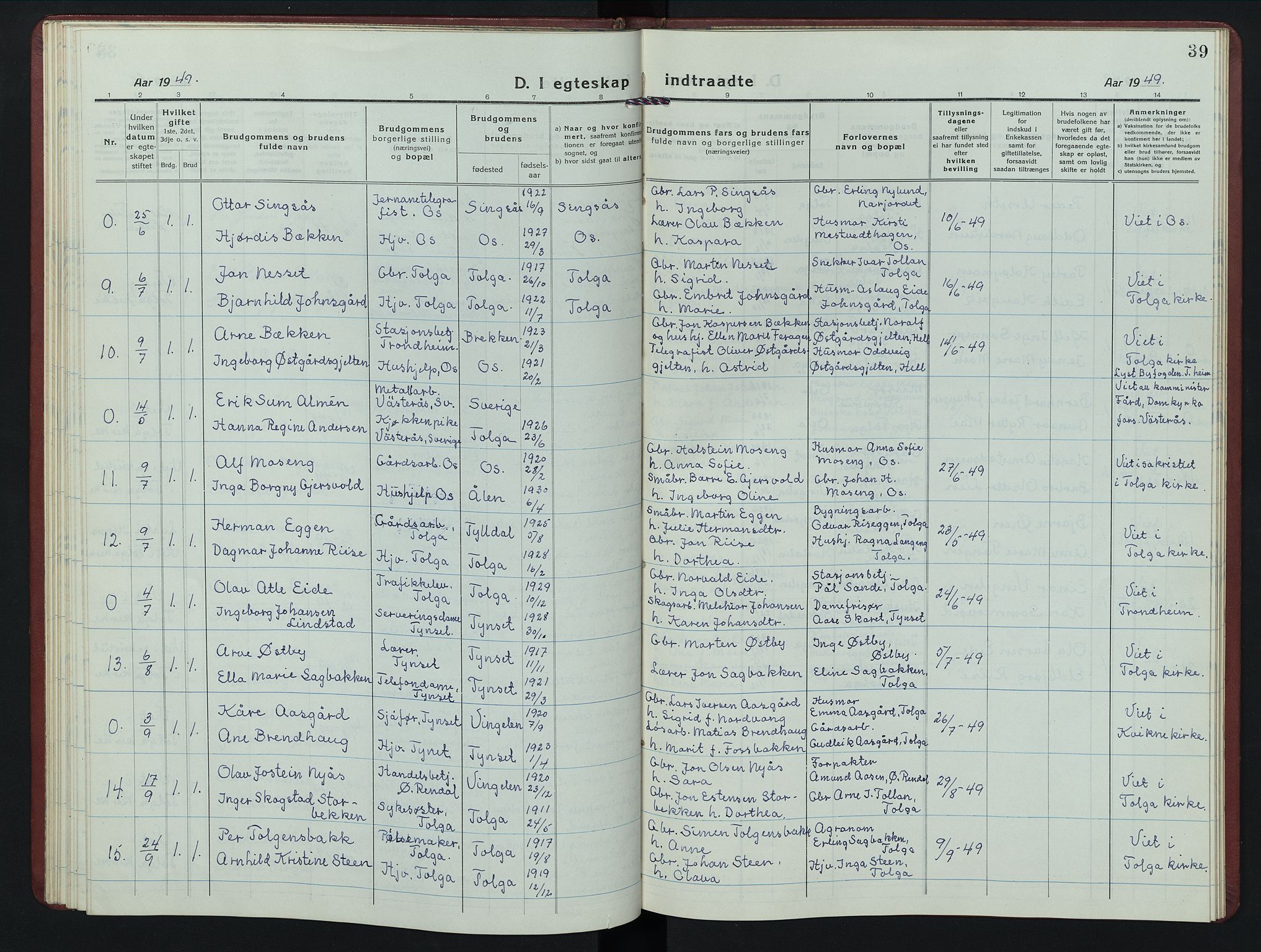 Tolga prestekontor, AV/SAH-PREST-062/L/L0017: Parish register (copy) no. 17, 1919-1950, p. 39