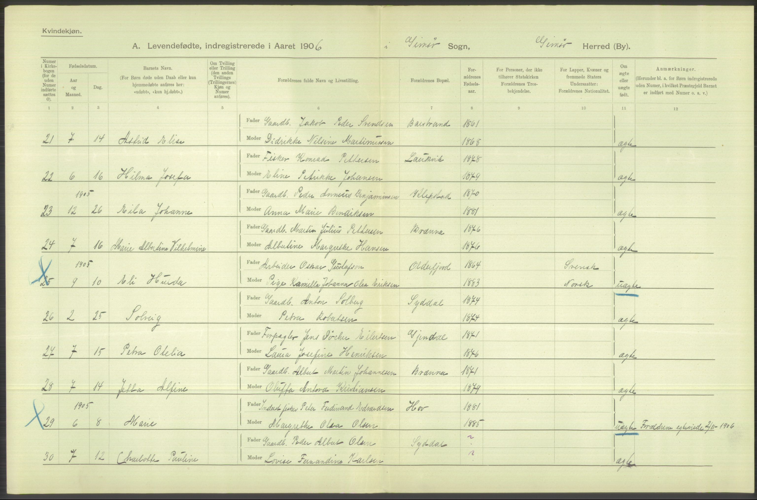 Statistisk sentralbyrå, Sosiodemografiske emner, Befolkning, AV/RA-S-2228/D/Df/Dfa/Dfad/L0044: Nordlands amt: Levendefødte menn og kvinner. Bygder., 1906, p. 126