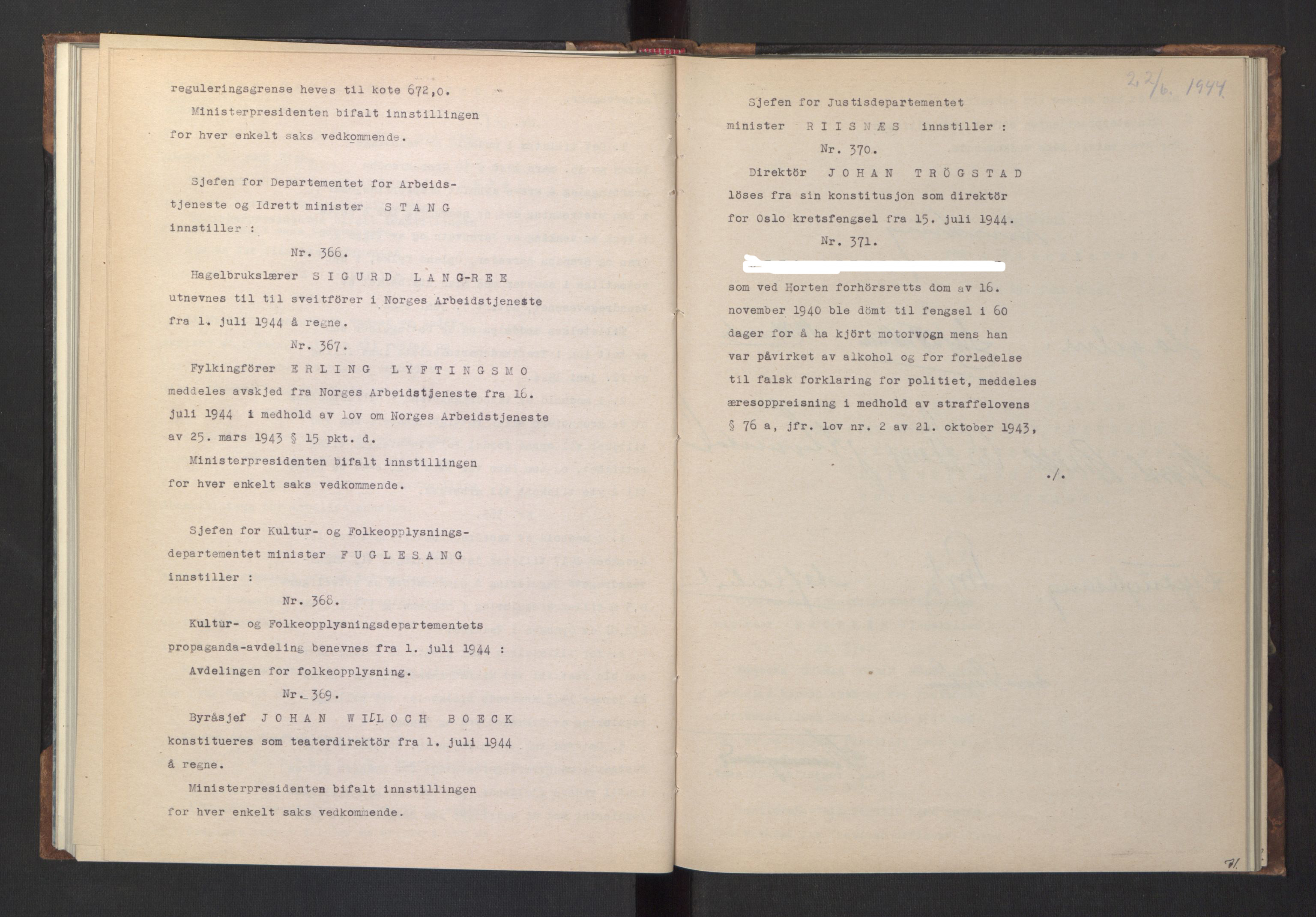 NS-administrasjonen 1940-1945 (Statsrådsekretariatet, de kommisariske statsråder mm), RA/S-4279/D/Da/L0005: Protokoll fra ministermøter, 1944, p. 73