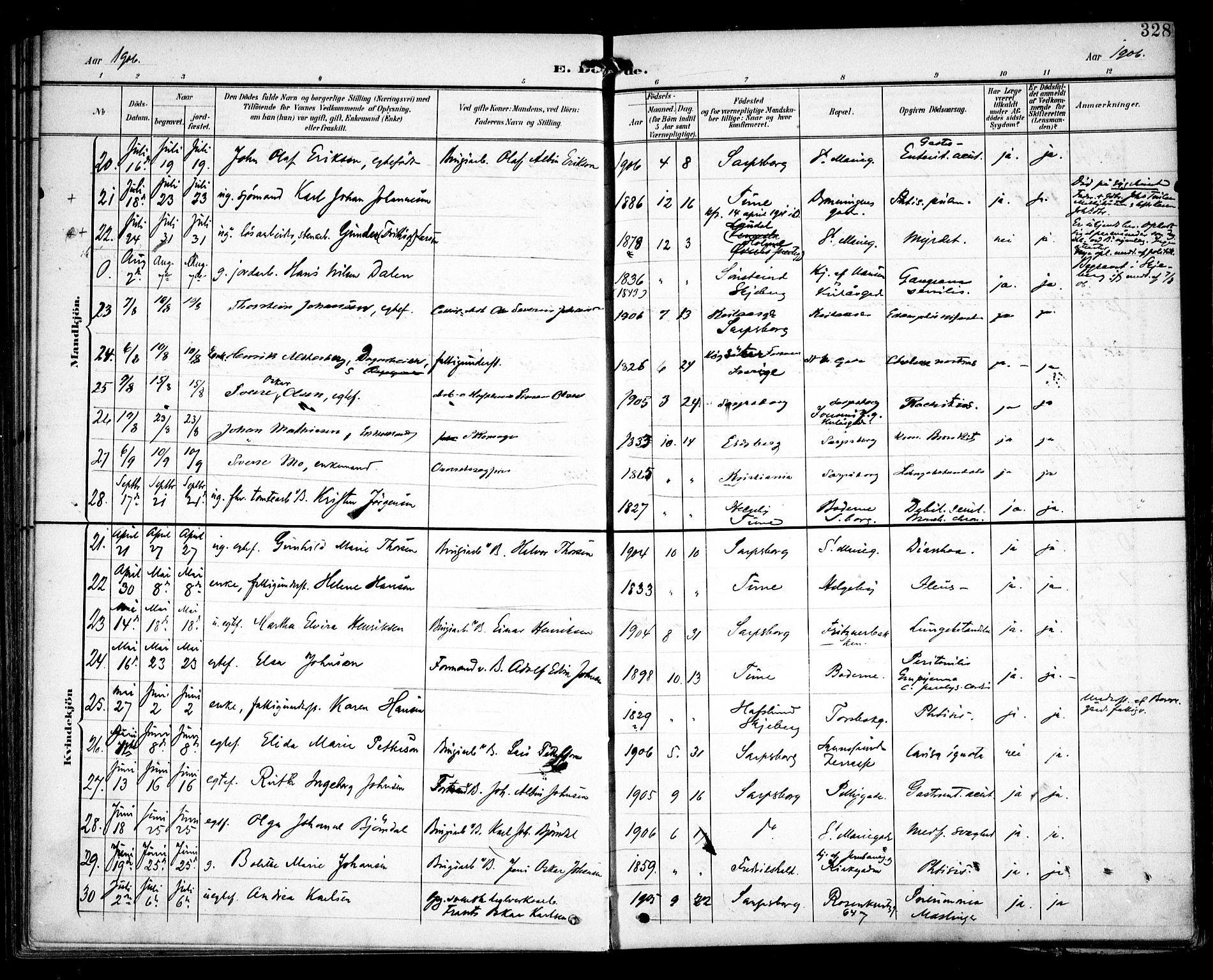 Sarpsborg prestekontor Kirkebøker, AV/SAO-A-2006/F/Fa/L0006: Parish register (official) no. 6, 1900-1909, p. 328