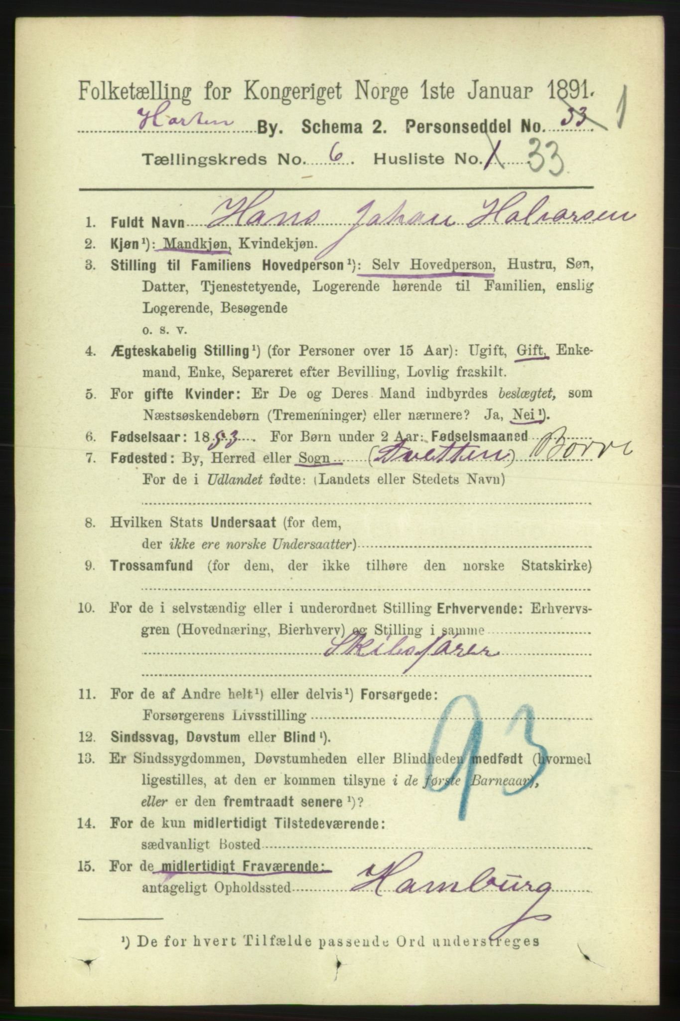 RA, 1891 census for 0703 Horten, 1891, p. 4044