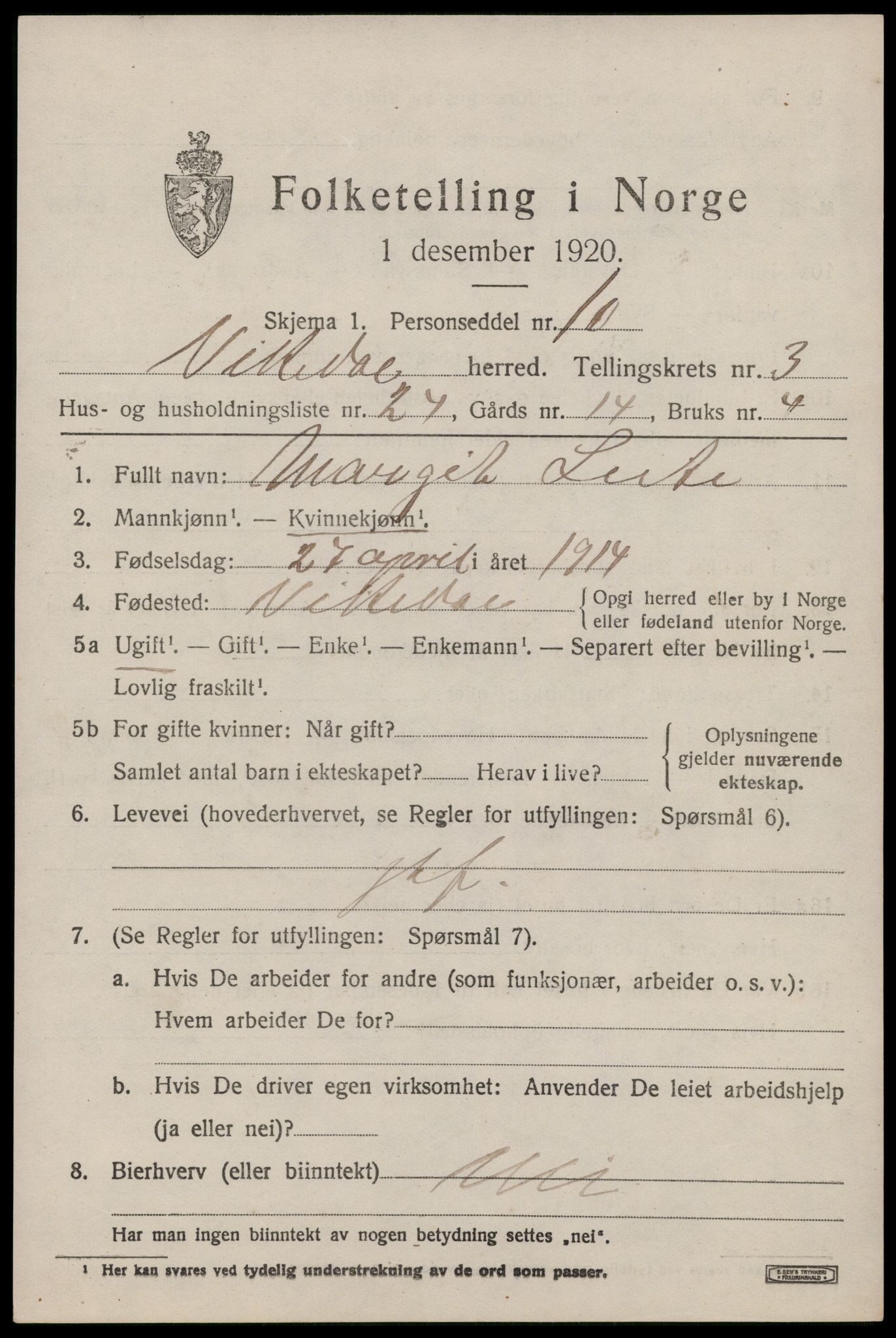 SAST, 1920 census for Vikedal, 1920, p. 2047