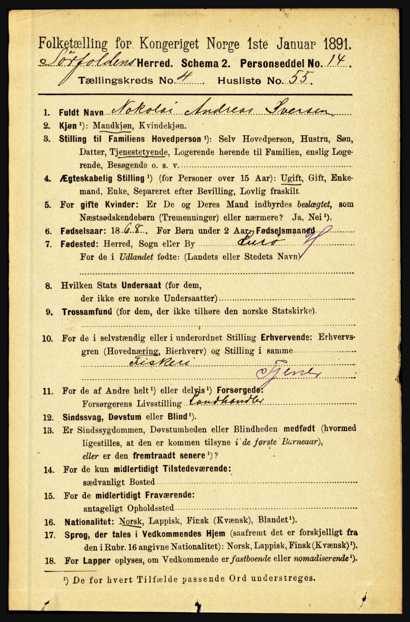 RA, 1891 census for 1845 Sørfold, 1891, p. 1299