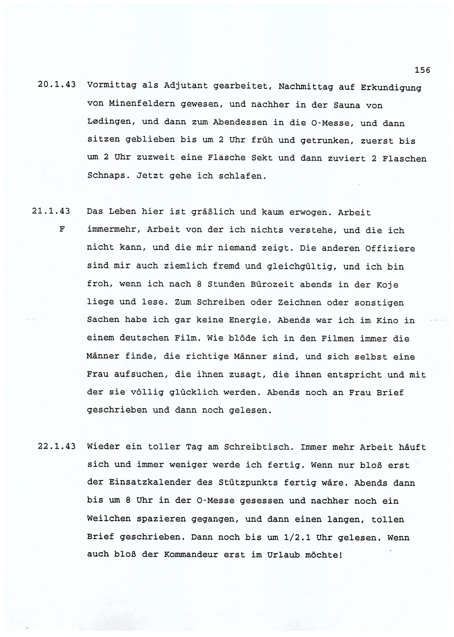 Dagbokopptegnelser av en tysk marineoffiser stasjonert i Norge , FMFB/A-1160/F/L0001: Dagbokopptegnelser av en tysk marineoffiser stasjonert i Norge, 1941-1944, p. 156