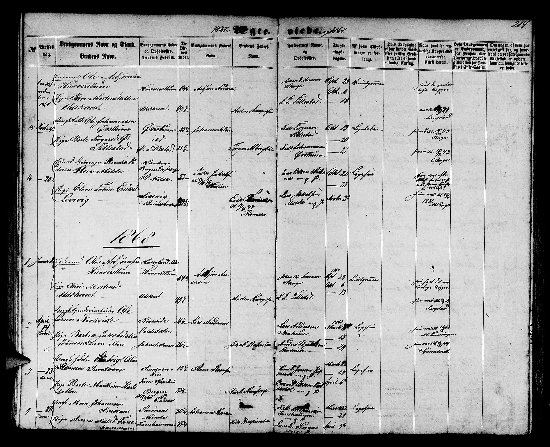 Fana Sokneprestembete, SAB/A-75101/H/Hab/Habb/L0003: Parish register (copy) no. B 3, 1861-1888, p. 214
