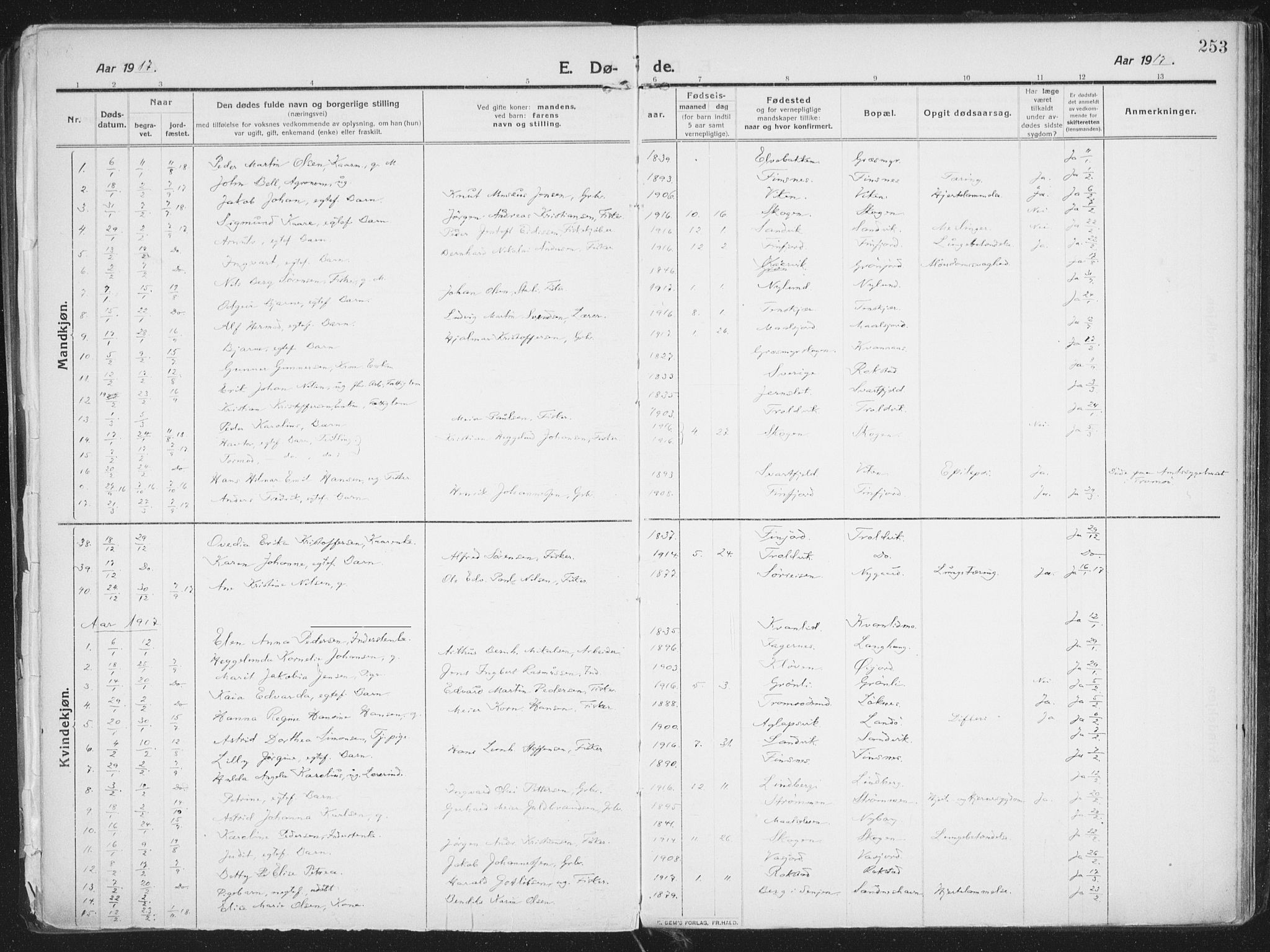 Lenvik sokneprestembete, AV/SATØ-S-1310/H/Ha/Haa/L0016kirke: Parish register (official) no. 16, 1910-1924, p. 253