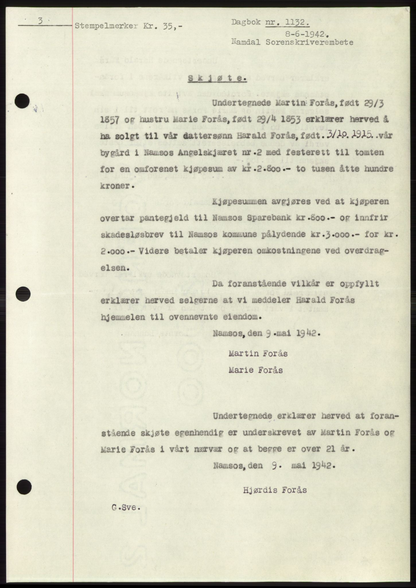Namdal sorenskriveri, SAT/A-4133/1/2/2C: Mortgage book no. -, 1941-1942, Diary no: : 1132/1942