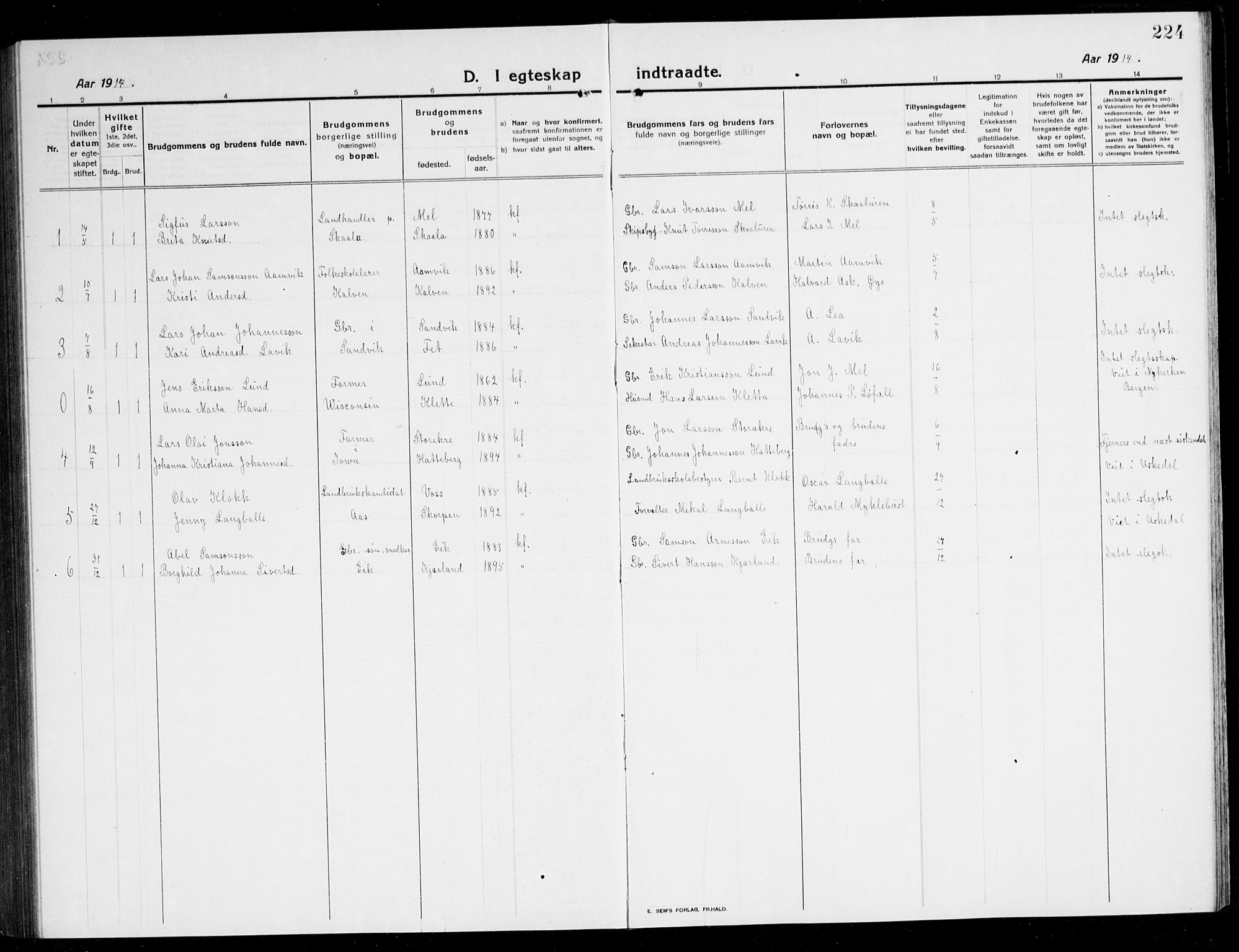 Kvinnherad sokneprestembete, SAB/A-76401/H/Hab: Parish register (copy) no. A 3, 1911-1945, p. 224