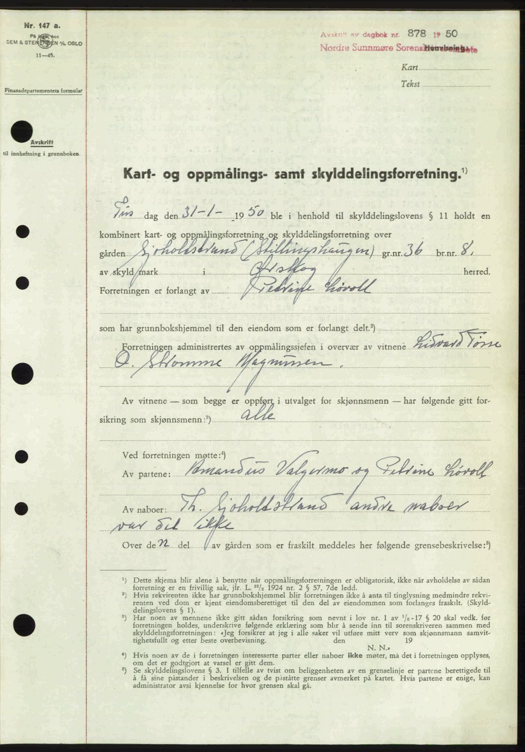 Nordre Sunnmøre sorenskriveri, AV/SAT-A-0006/1/2/2C/2Ca: Mortgage book no. A34, 1950-1950, Diary no: : 878/1950