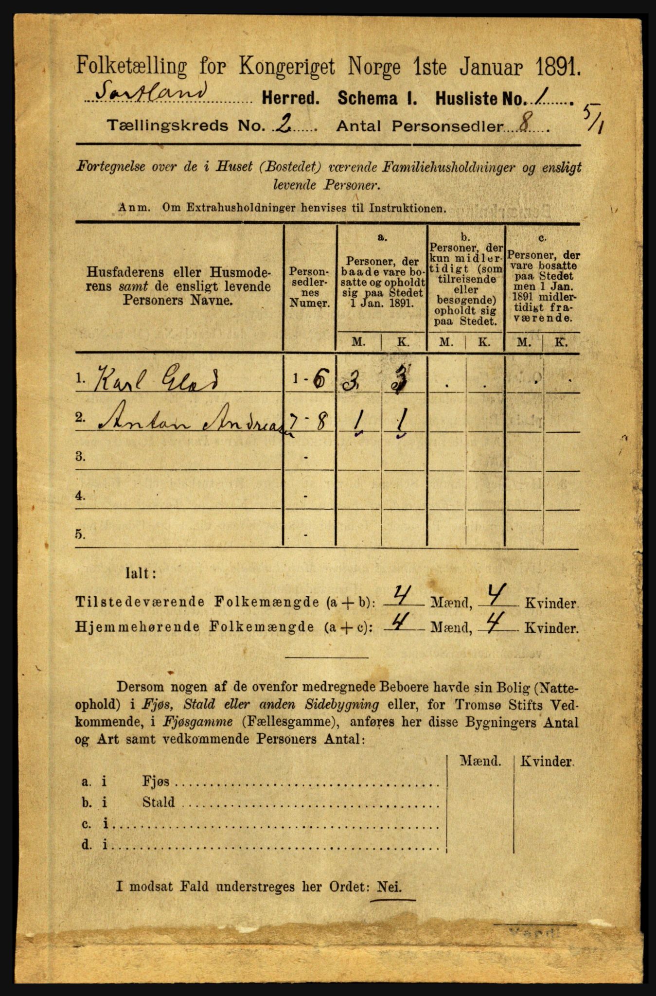 RA, 1891 census for 1870 Sortland, 1891, p. 840