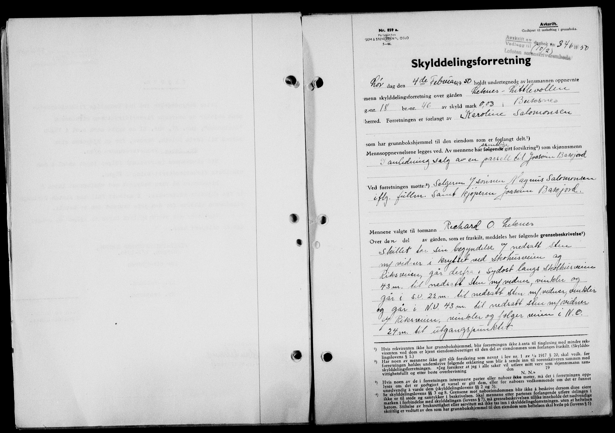 Lofoten sorenskriveri, SAT/A-0017/1/2/2C/L0023a: Mortgage book no. 23a, 1950-1950, Diary no: : 346/1950