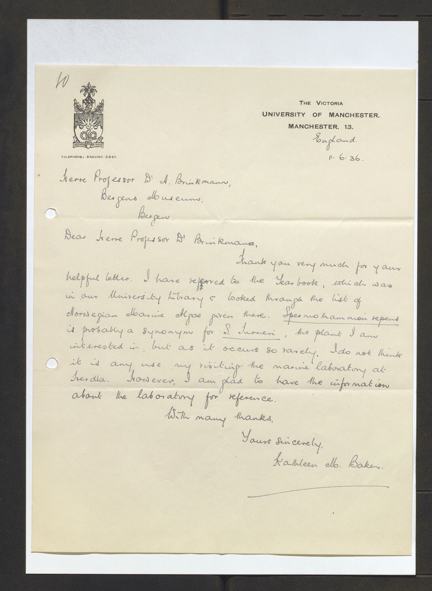 Bergens Museum, AV/SAB-A-17301/13/D/L0002: Korrespondanse , 1928-1940, p. 332