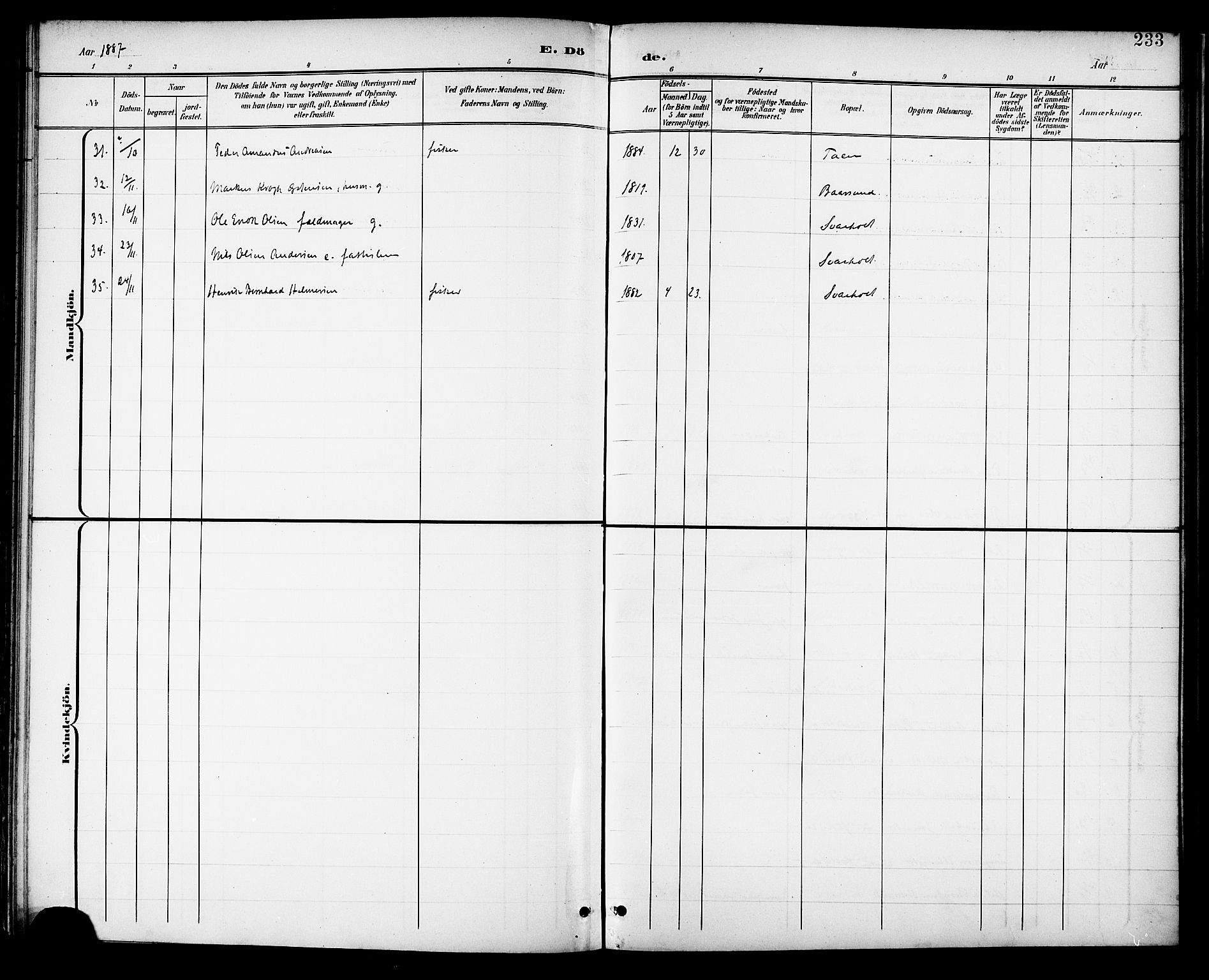 Ministerialprotokoller, klokkerbøker og fødselsregistre - Nordland, AV/SAT-A-1459/882/L1179: Parish register (official) no. 882A01, 1886-1898, p. 233