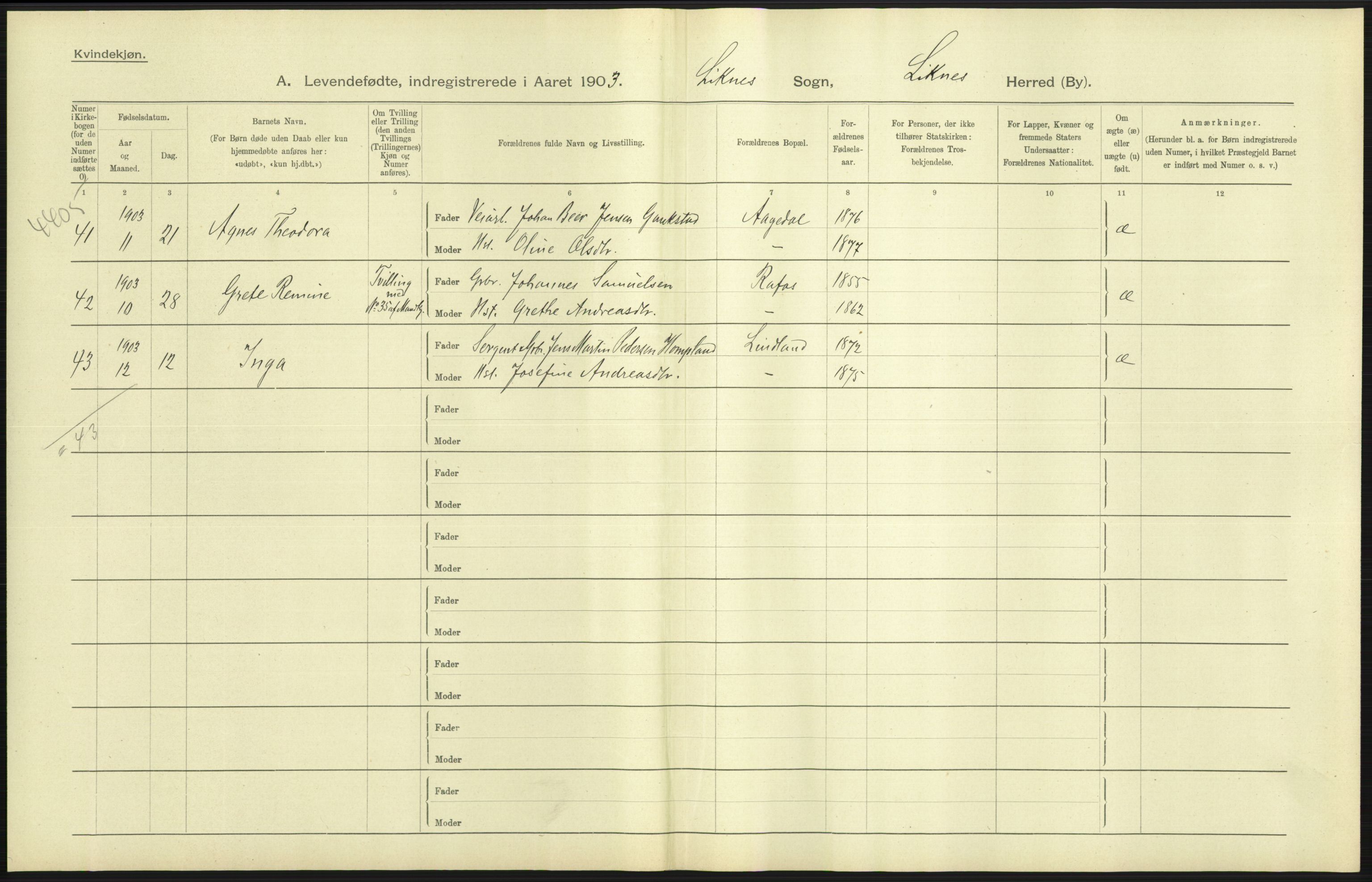 Statistisk sentralbyrå, Sosiodemografiske emner, Befolkning, AV/RA-S-2228/D/Df/Dfa/Dfaa/L0011: Lister og Mandal amt: Fødte, gifte, døde, 1903, p. 37