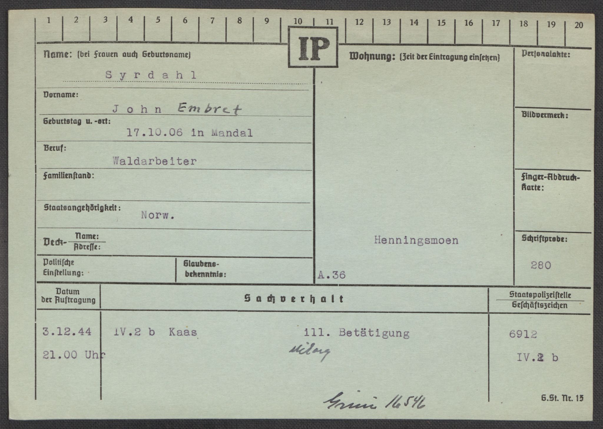 Befehlshaber der Sicherheitspolizei und des SD, AV/RA-RAFA-5969/E/Ea/Eaa/L0009: Register over norske fanger i Møllergata 19: Ru-Sy, 1940-1945, p. 1612