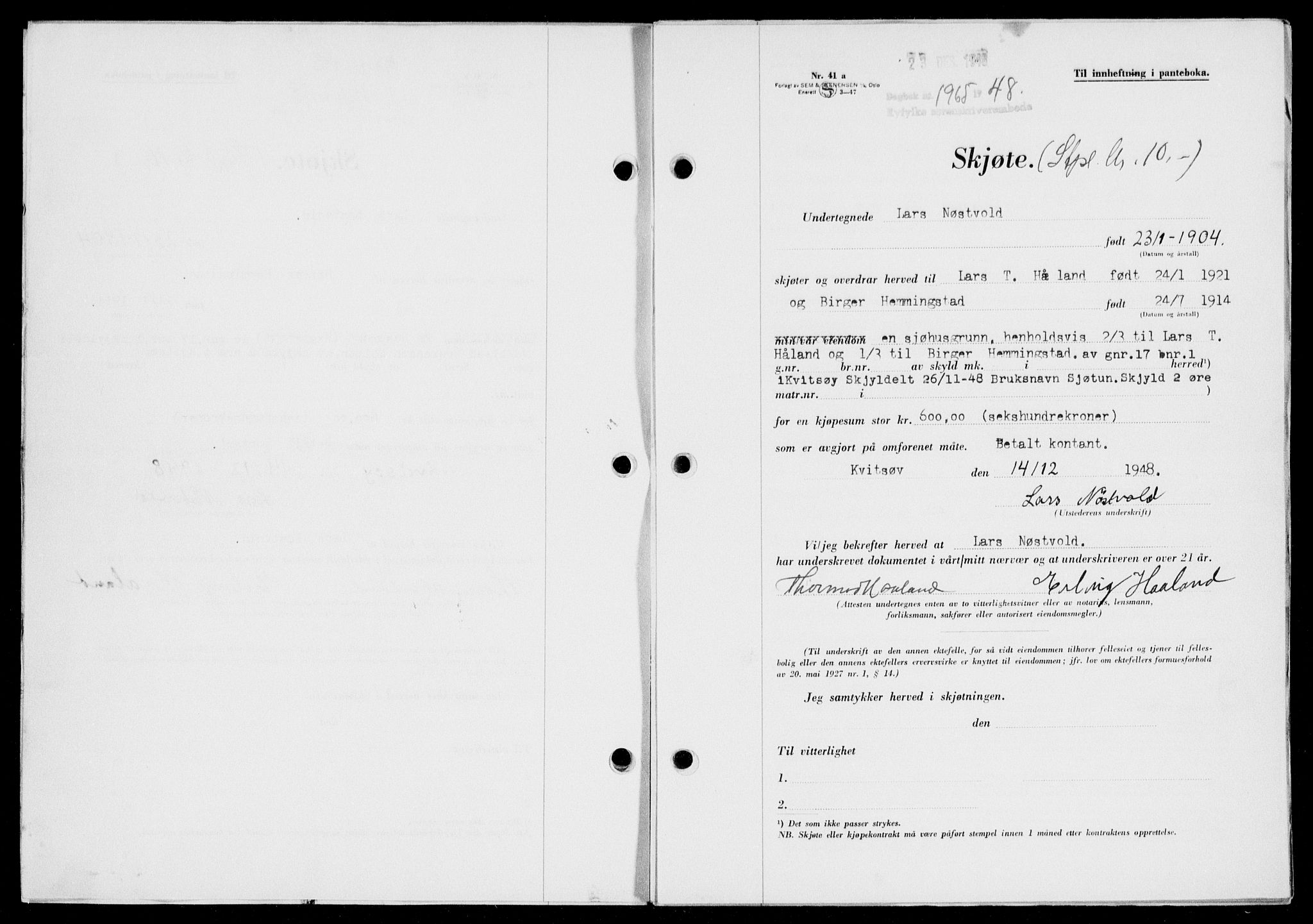 Ryfylke tingrett, AV/SAST-A-100055/001/II/IIB/L0104: Mortgage book no. 83, 1948-1949, Diary no: : 1965/1948