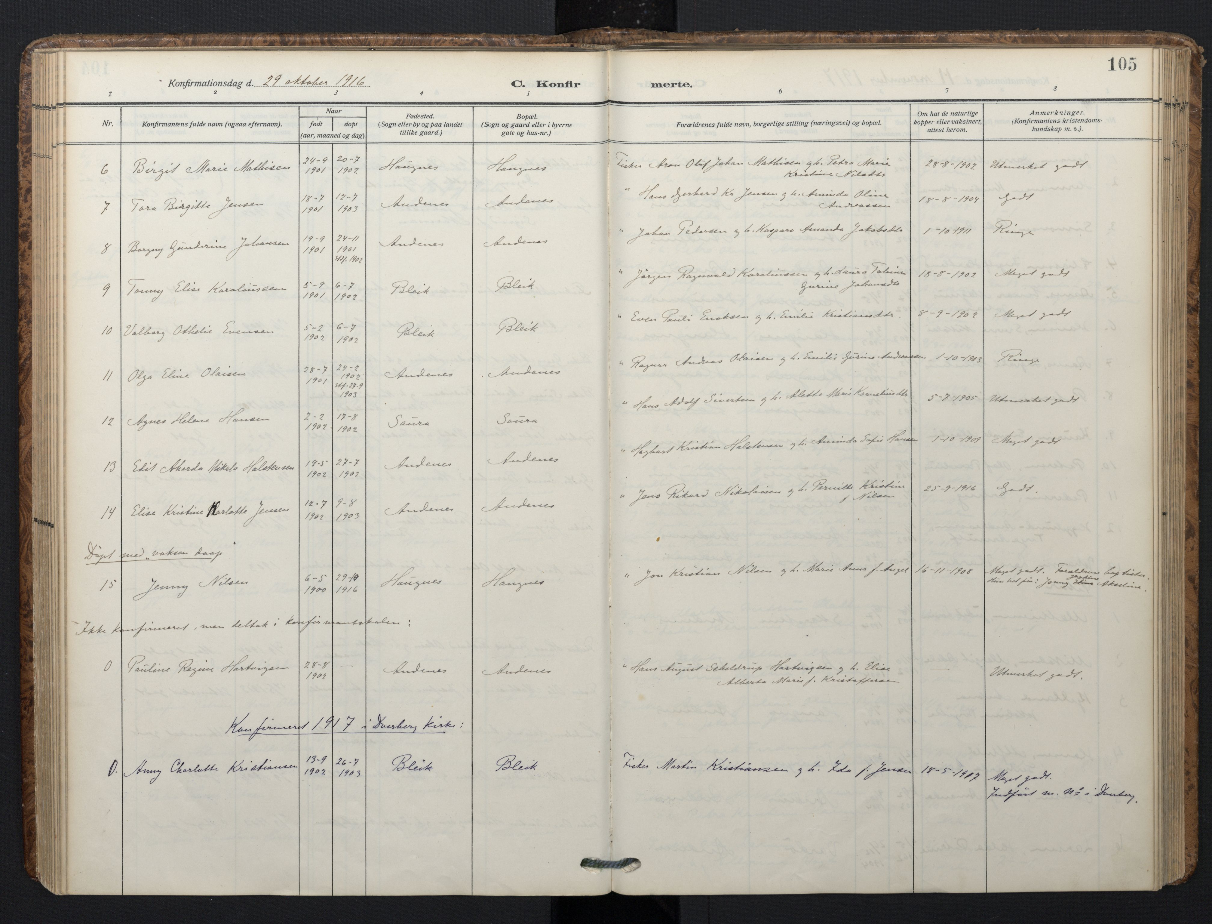 Ministerialprotokoller, klokkerbøker og fødselsregistre - Nordland, SAT/A-1459/899/L1438: Parish register (official) no. 899A06, 1909-1922, p. 105