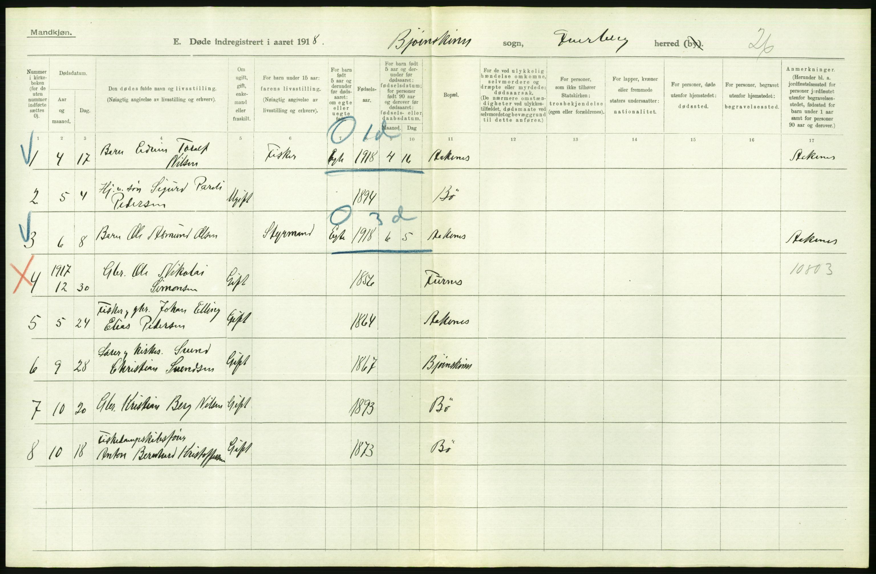 Statistisk sentralbyrå, Sosiodemografiske emner, Befolkning, AV/RA-S-2228/D/Df/Dfb/Dfbh/L0055: Nordland fylke: Døde. Bygder og byer., 1918, p. 498