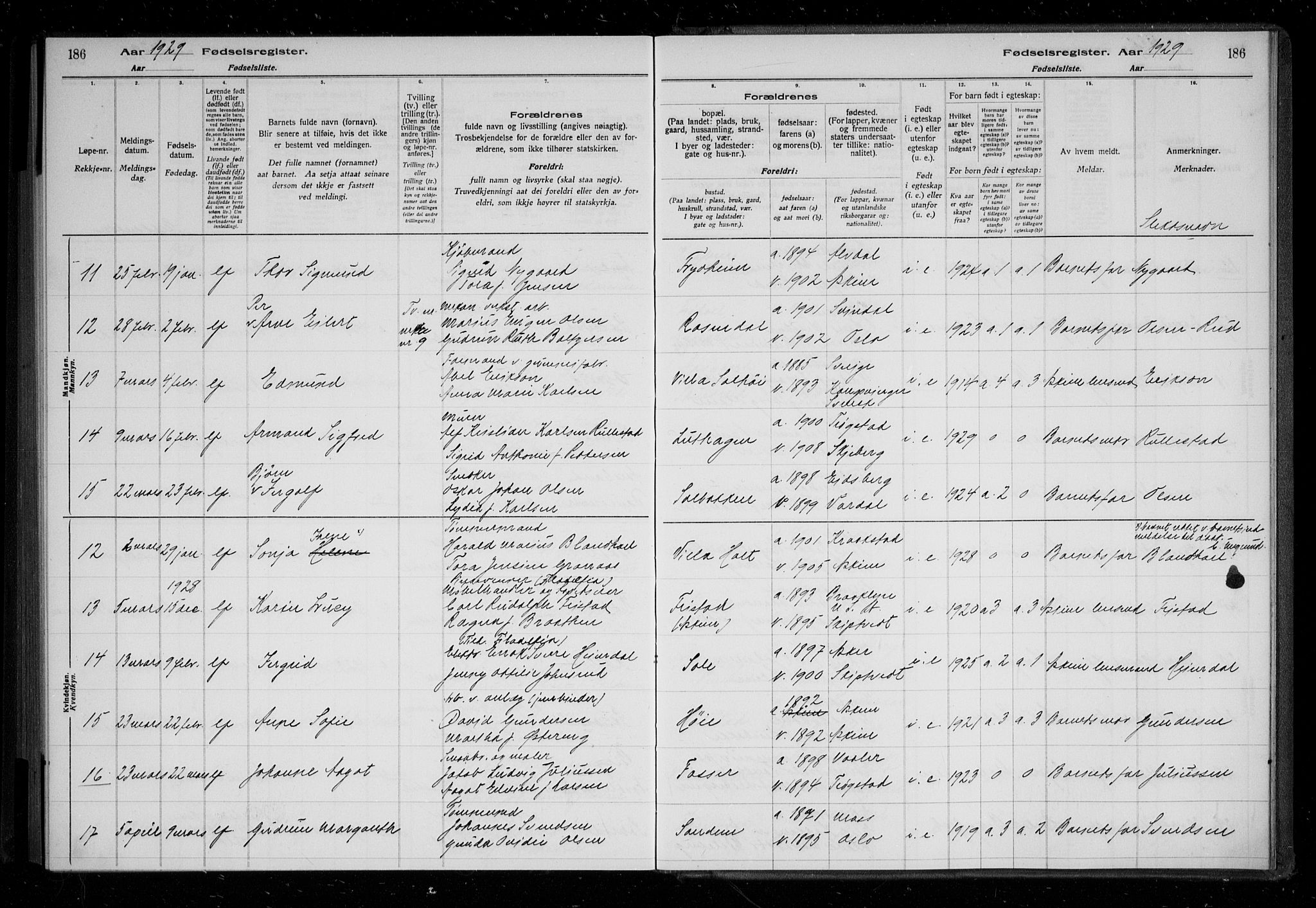 Askim prestekontor Kirkebøker, AV/SAO-A-10900/J/Ja/L0001: Birth register no. 1, 1916-1929, p. 186