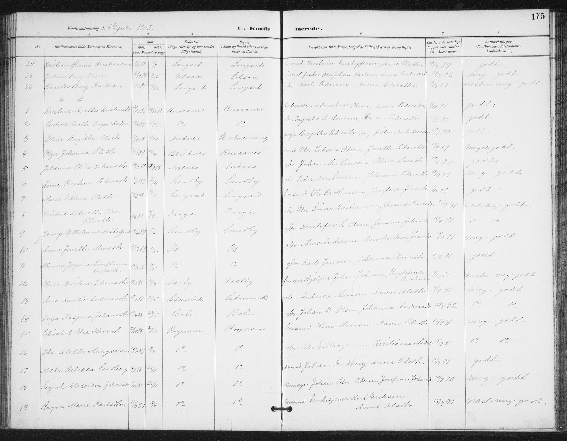 Ministerialprotokoller, klokkerbøker og fødselsregistre - Nordland, SAT/A-1459/847/L0682: Parish register (copy) no. 847C10, 1889-1907, p. 175