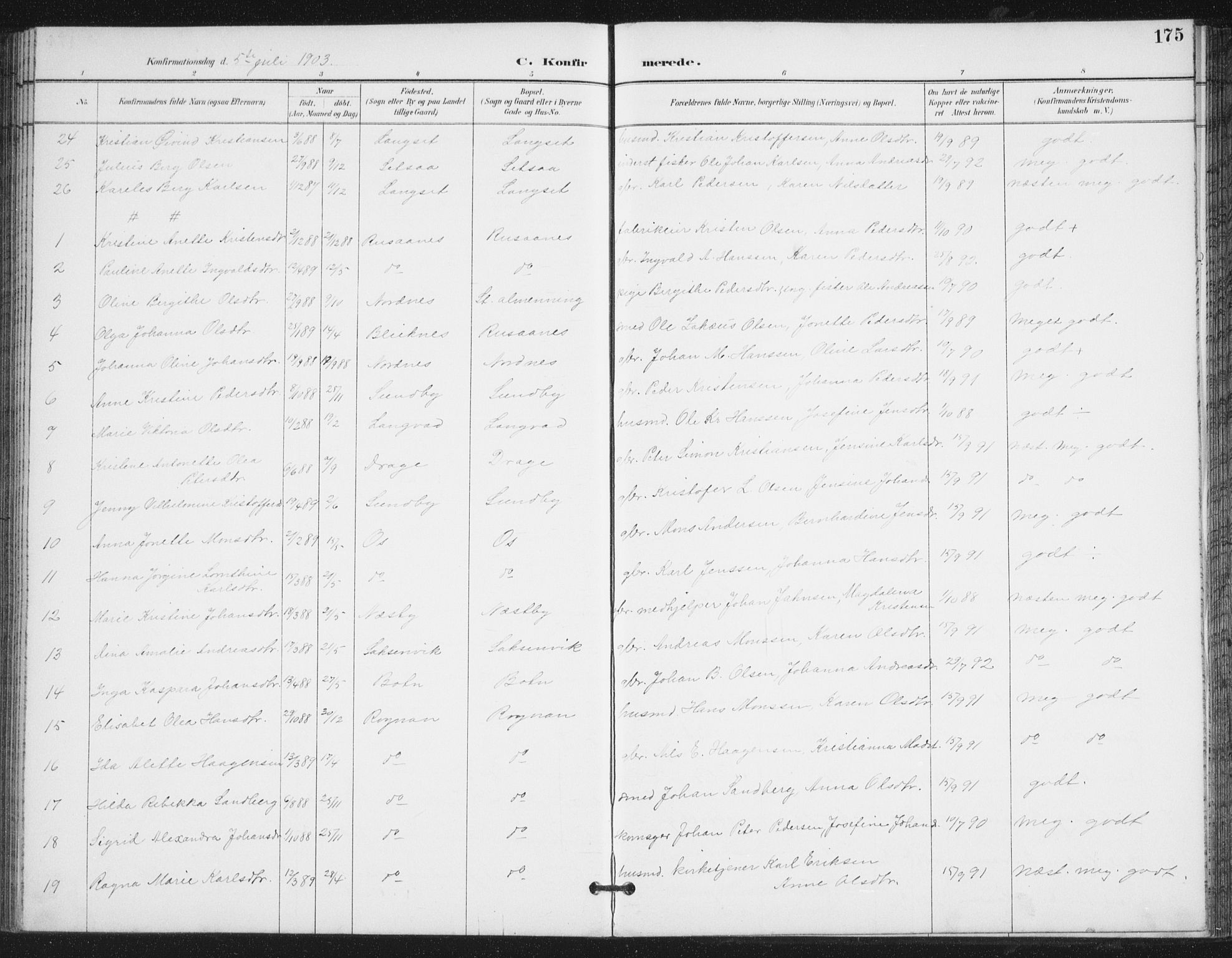 Ministerialprotokoller, klokkerbøker og fødselsregistre - Nordland, AV/SAT-A-1459/847/L0682: Parish register (copy) no. 847C10, 1889-1907, p. 175