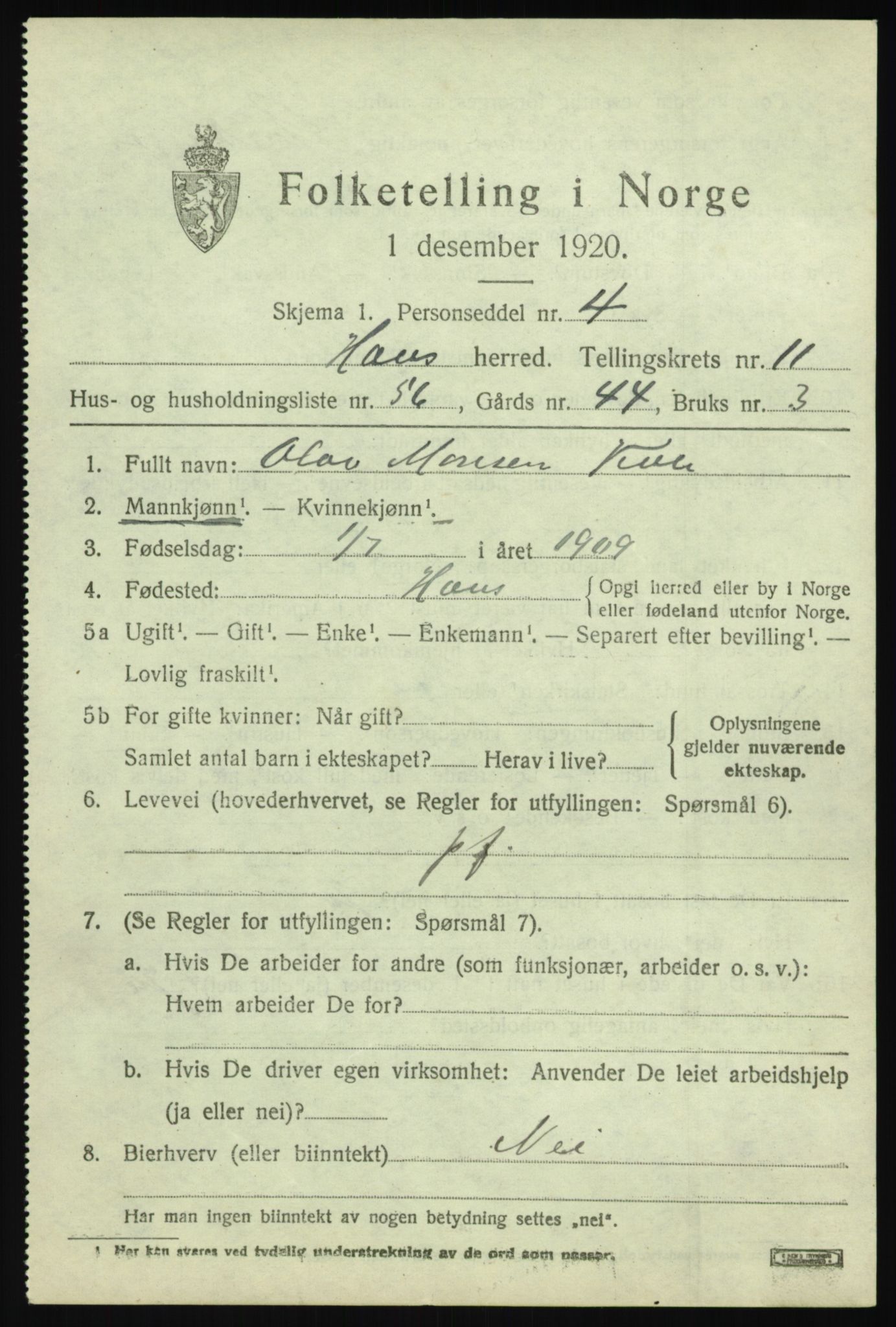 SAB, 1920 census for Haus, 1920, p. 7395