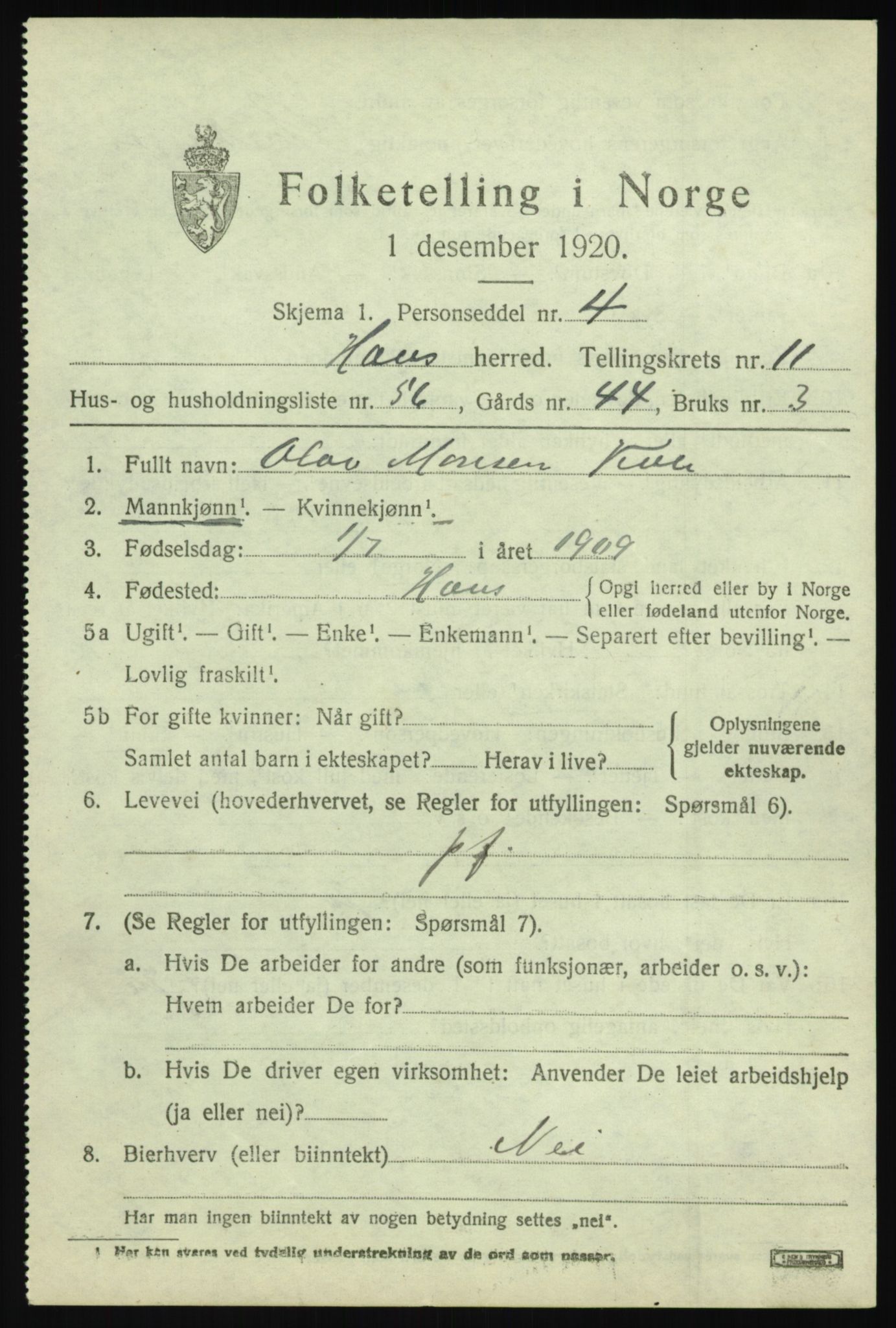 SAB, 1920 census for Haus, 1920, p. 7395