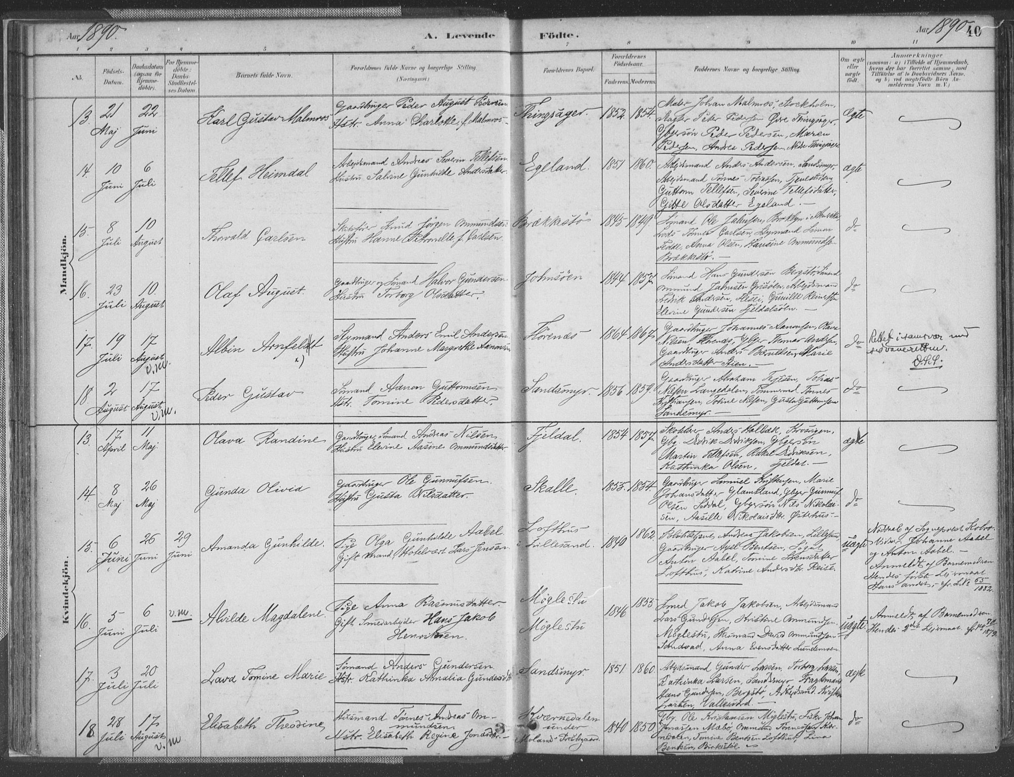 Vestre Moland sokneprestkontor, AV/SAK-1111-0046/F/Fa/Fab/L0009: Parish register (official) no. A 9, 1884-1899, p. 40