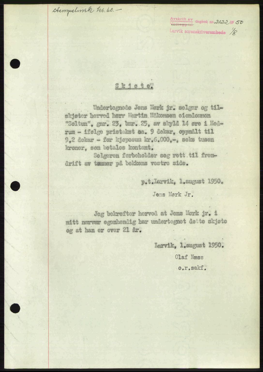 Larvik sorenskriveri, AV/SAKO-A-83/G/Ga/Gab/L0092: Mortgage book no. A-26, 1950-1950, Diary no: : 2122/1950