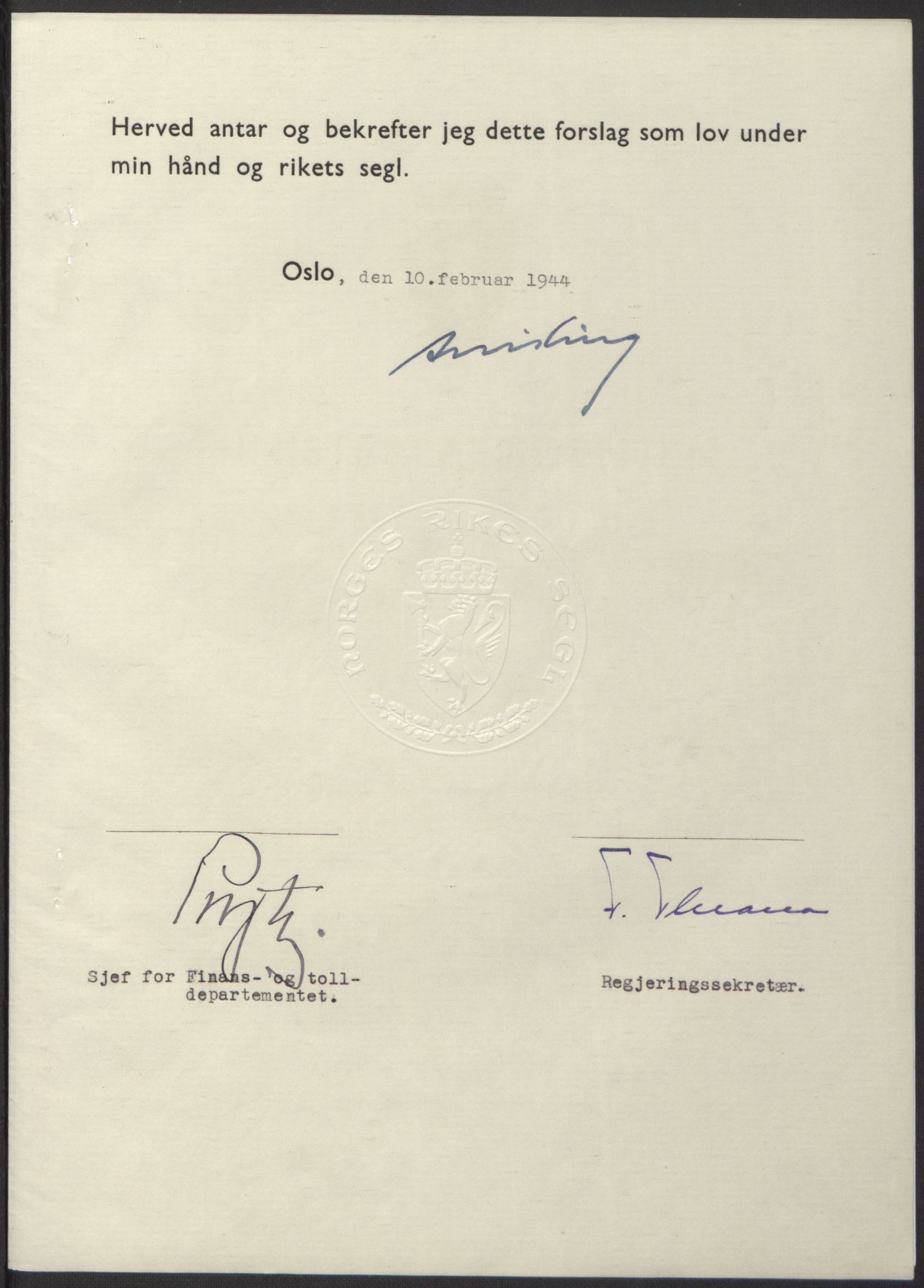 NS-administrasjonen 1940-1945 (Statsrådsekretariatet, de kommisariske statsråder mm), AV/RA-S-4279/D/Db/L0100: Lover, 1944, p. 63