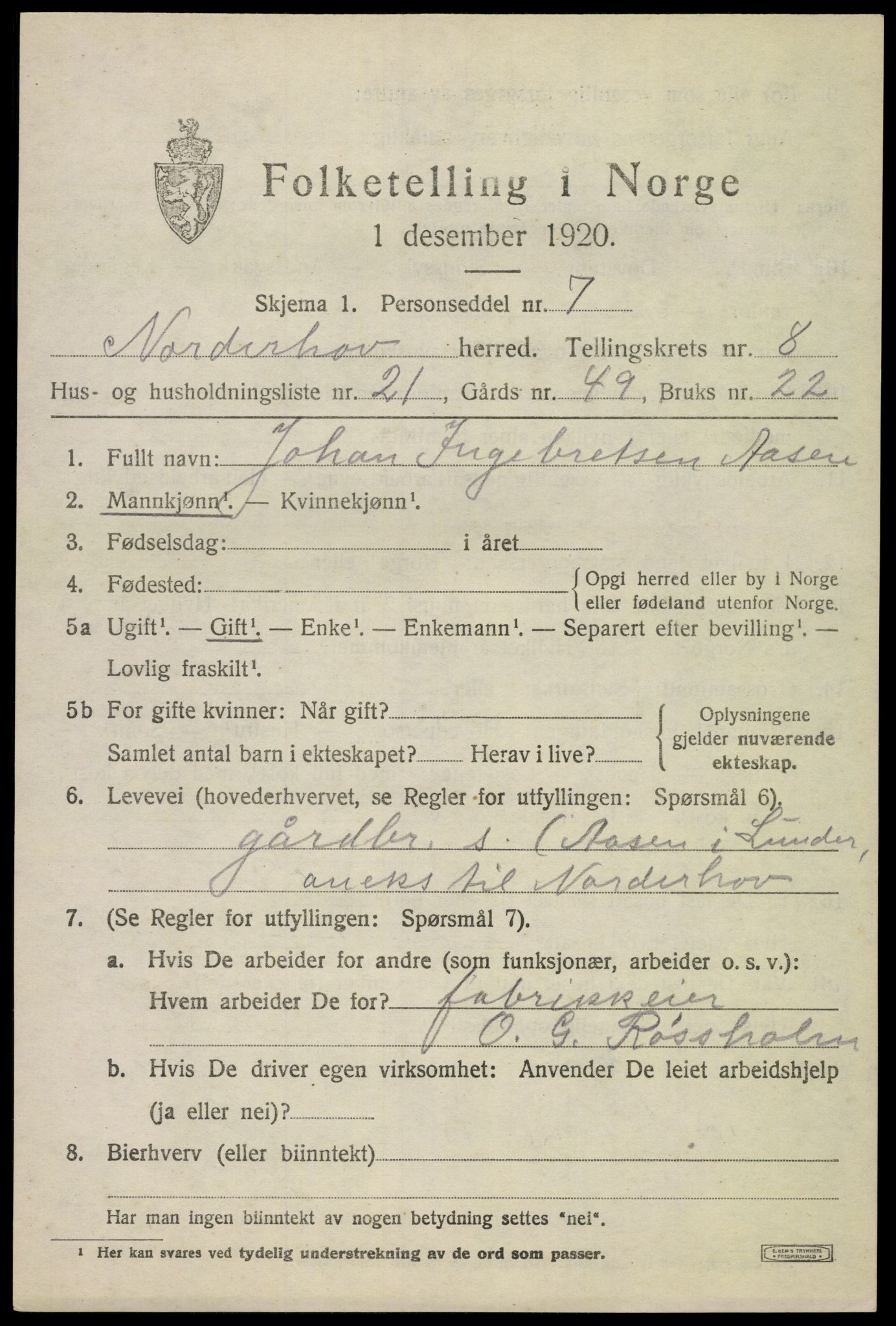 SAKO, 1920 census for Norderhov, 1920, p. 10623