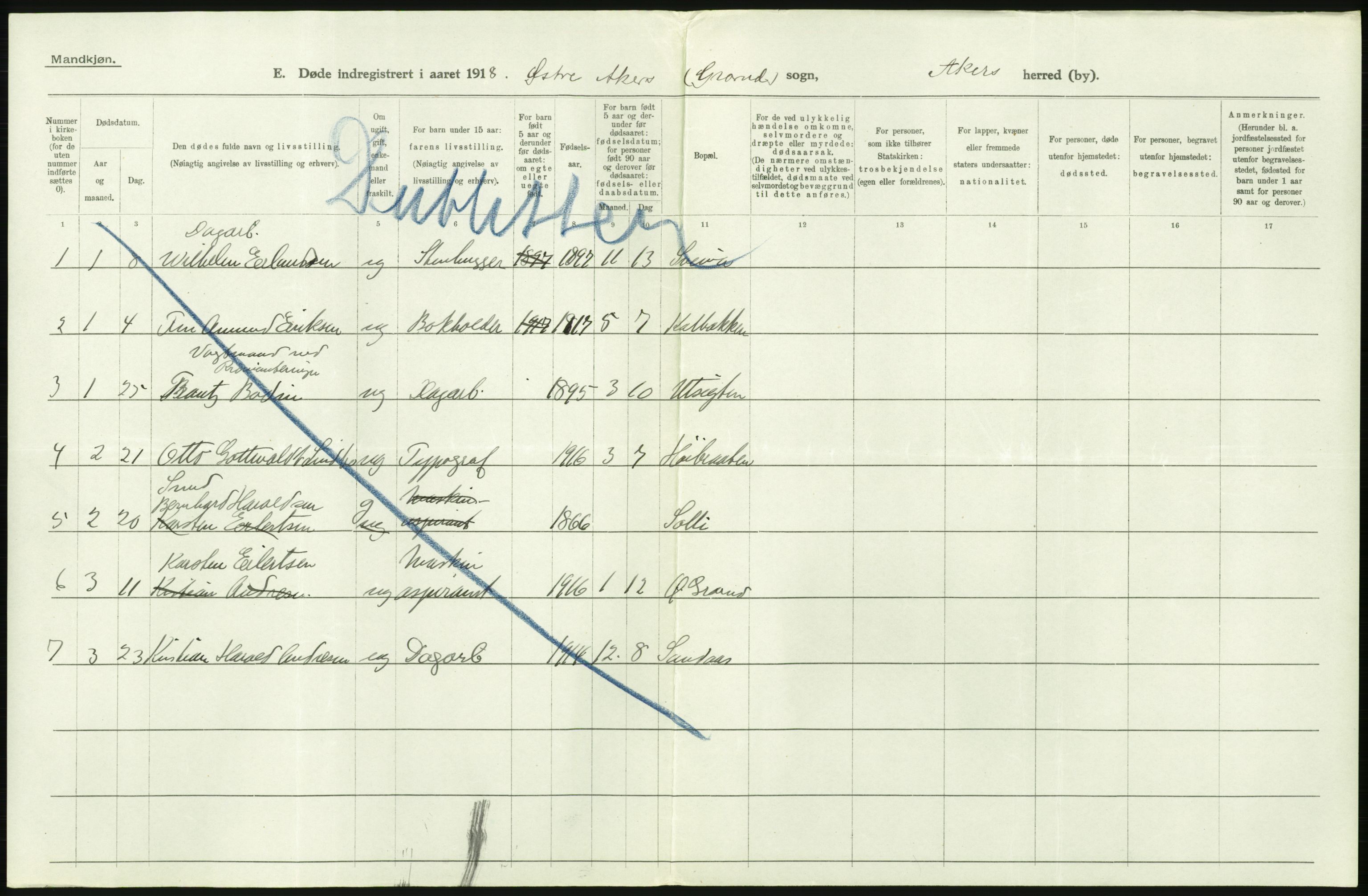 Statistisk sentralbyrå, Sosiodemografiske emner, Befolkning, AV/RA-S-2228/D/Df/Dfb/Dfbh/L0006: Akershus fylke: Døde. Bygder og byer., 1918, p. 404