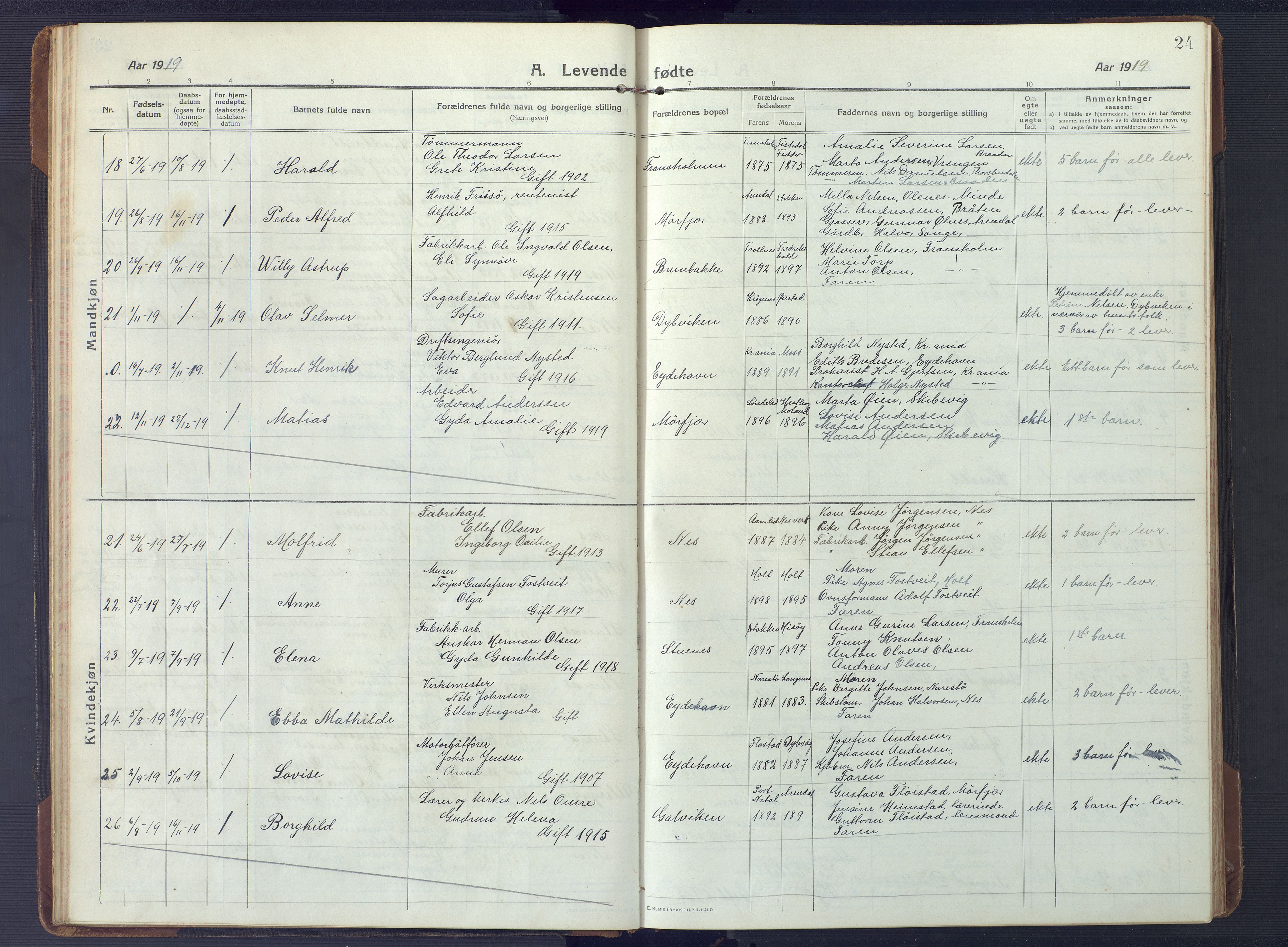 Austre Moland sokneprestkontor, AV/SAK-1111-0001/F/Fb/Fbb/L0004: Parish register (copy) no. B 4, 1914-1929, p. 24