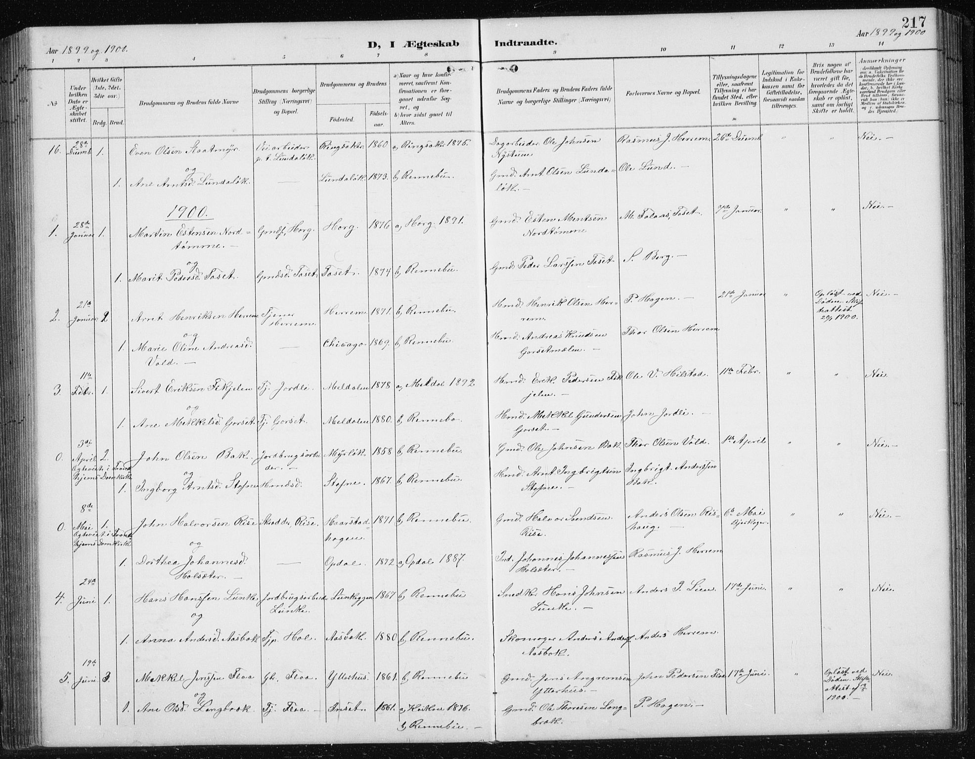 Ministerialprotokoller, klokkerbøker og fødselsregistre - Sør-Trøndelag, AV/SAT-A-1456/674/L0876: Parish register (copy) no. 674C03, 1892-1912, p. 217