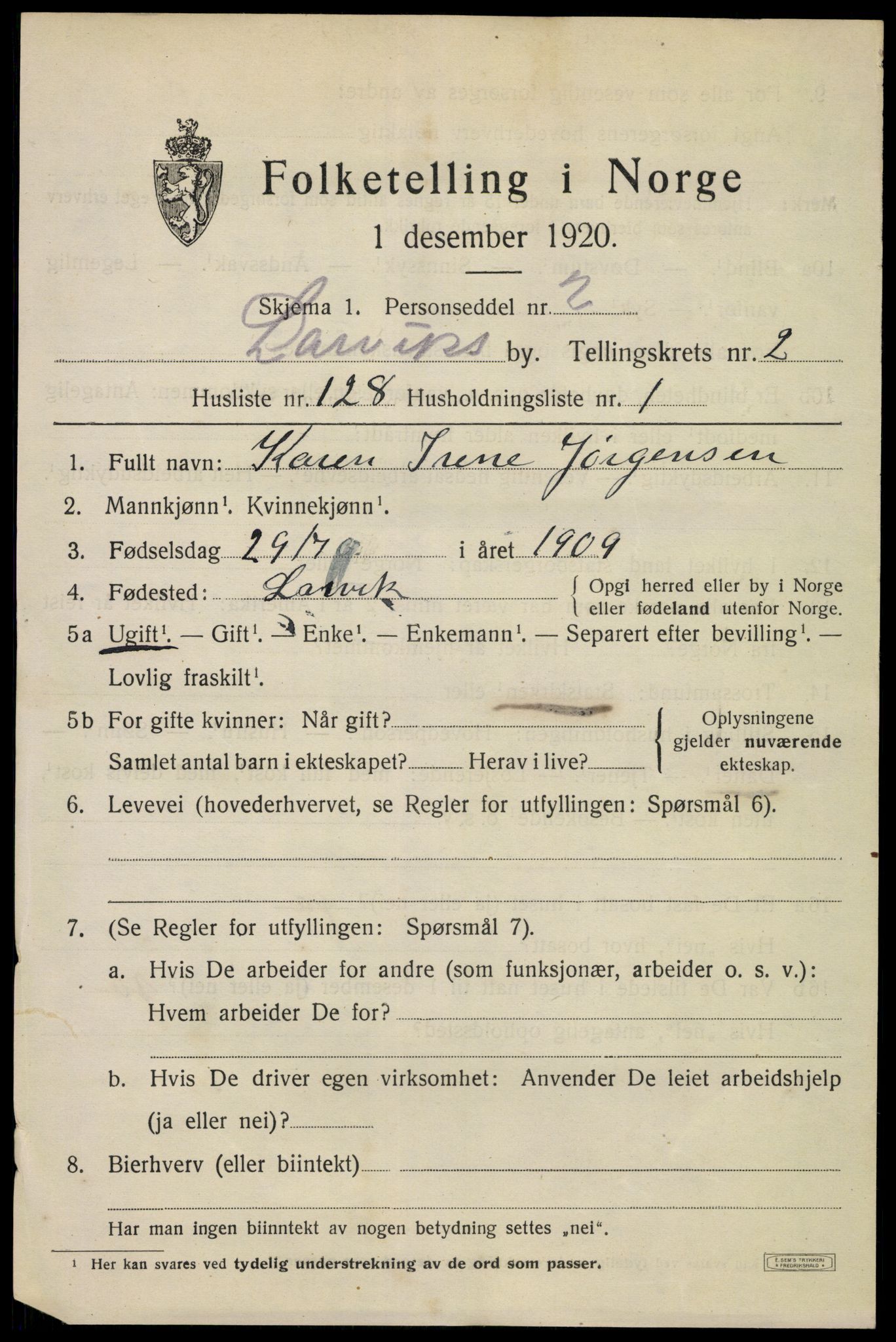 SAKO, 1920 census for Larvik, 1920, p. 12132