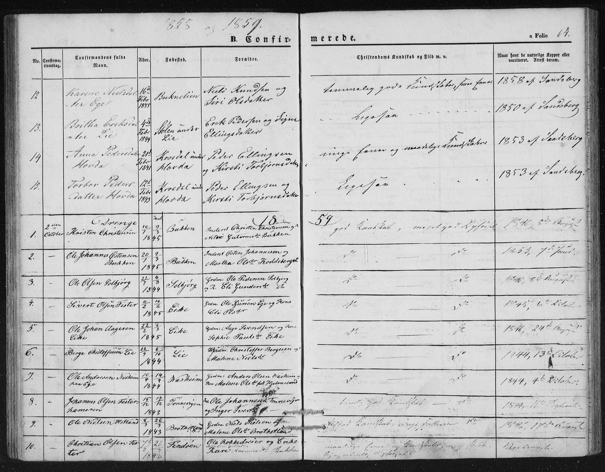 Hjelmeland sokneprestkontor, AV/SAST-A-101843/01/IV/L0010: Parish register (official) no. A 10, 1851-1871, p. 64