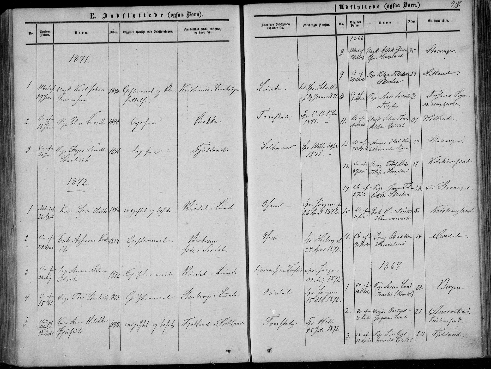 Sirdal sokneprestkontor, SAK/1111-0036/F/Fa/Fab/L0002: Parish register (official) no. A 2, 1855-1874, p. 418