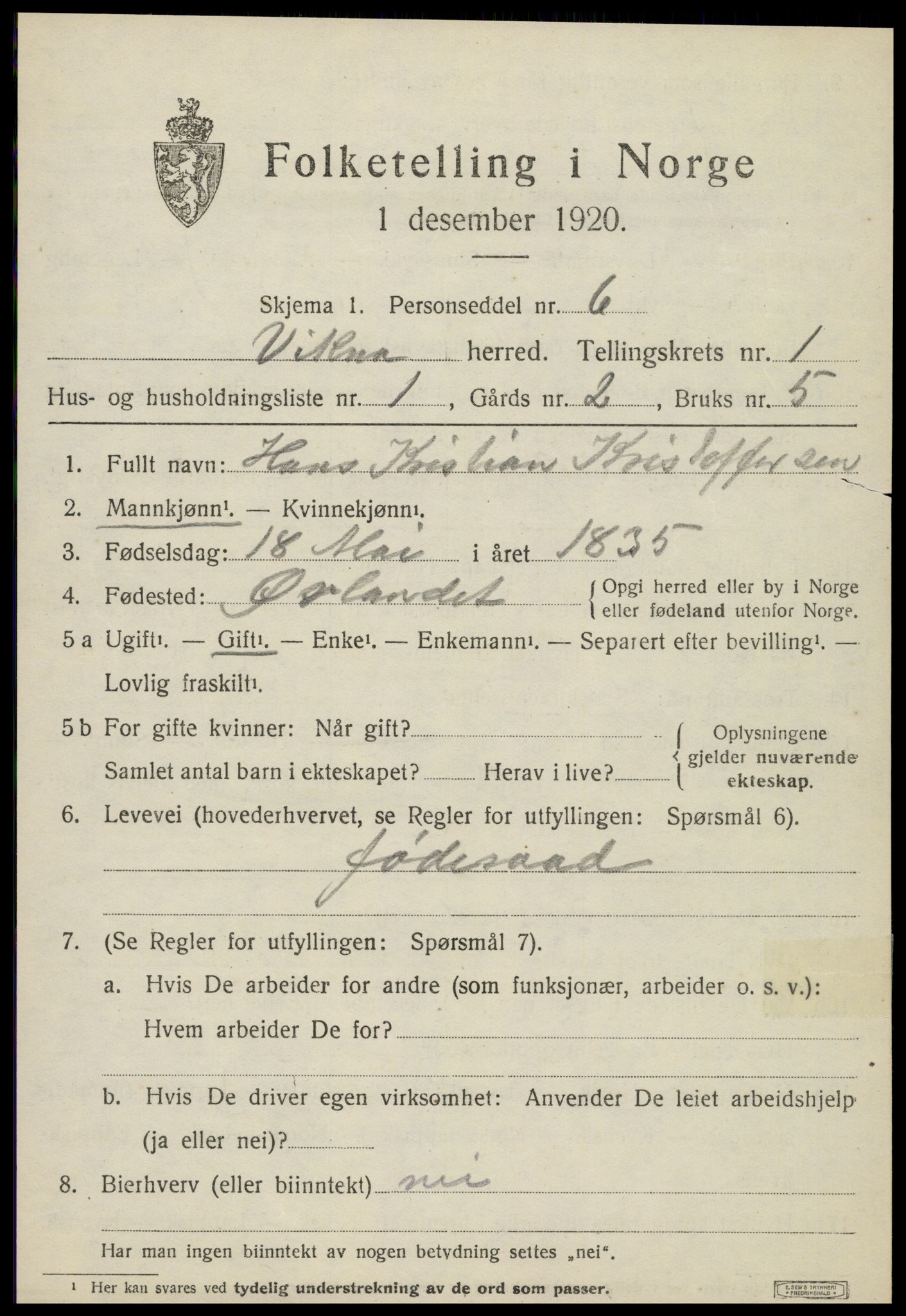 SAT, 1920 census for Vikna, 1920, p. 1153