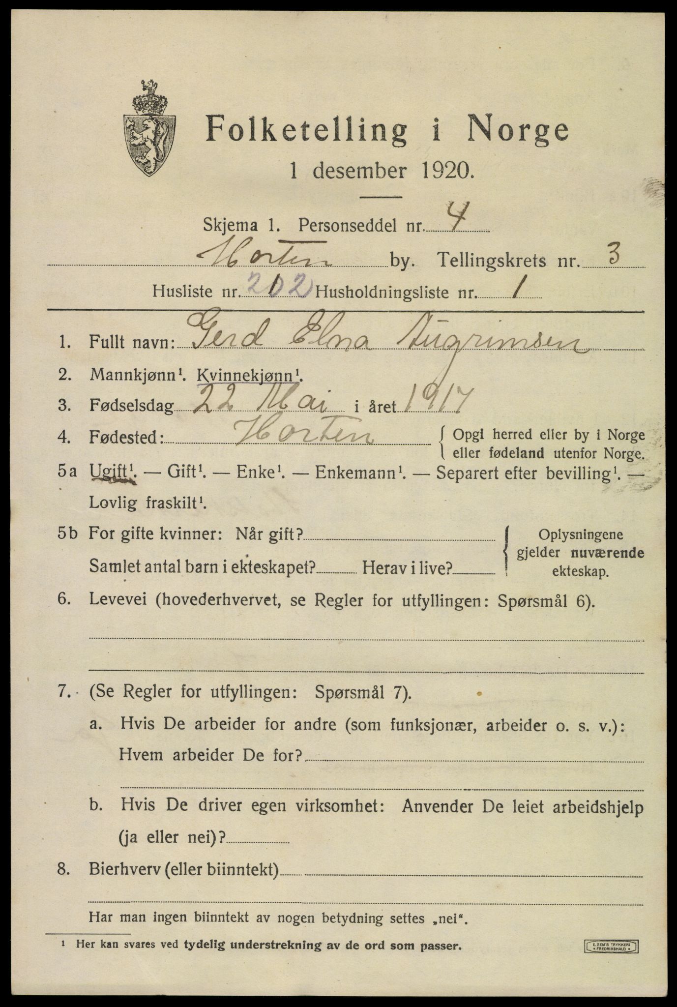 SAKO, 1920 census for Horten, 1920, p. 16239