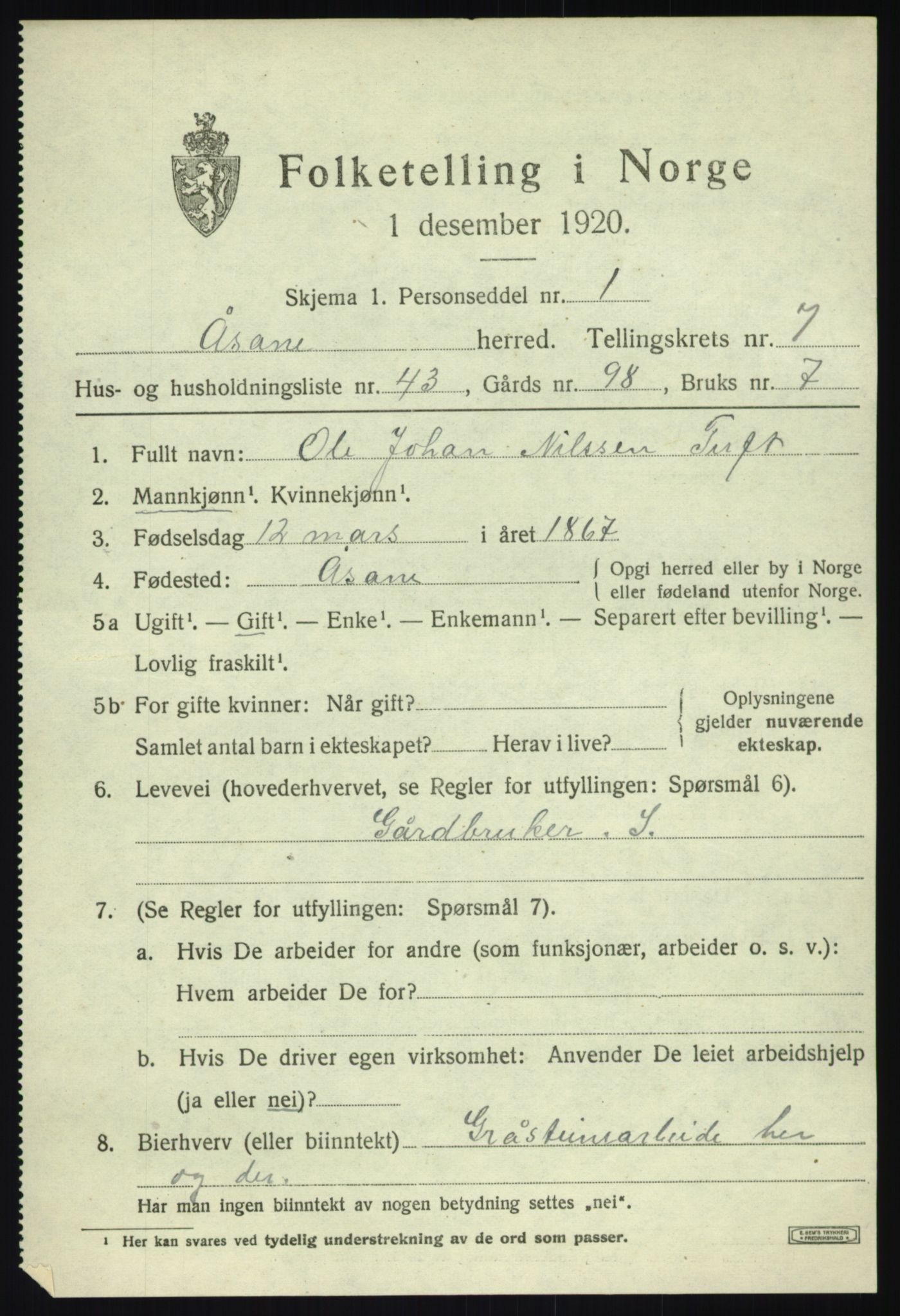 SAB, 1920 census for Åsane, 1920, p. 5609