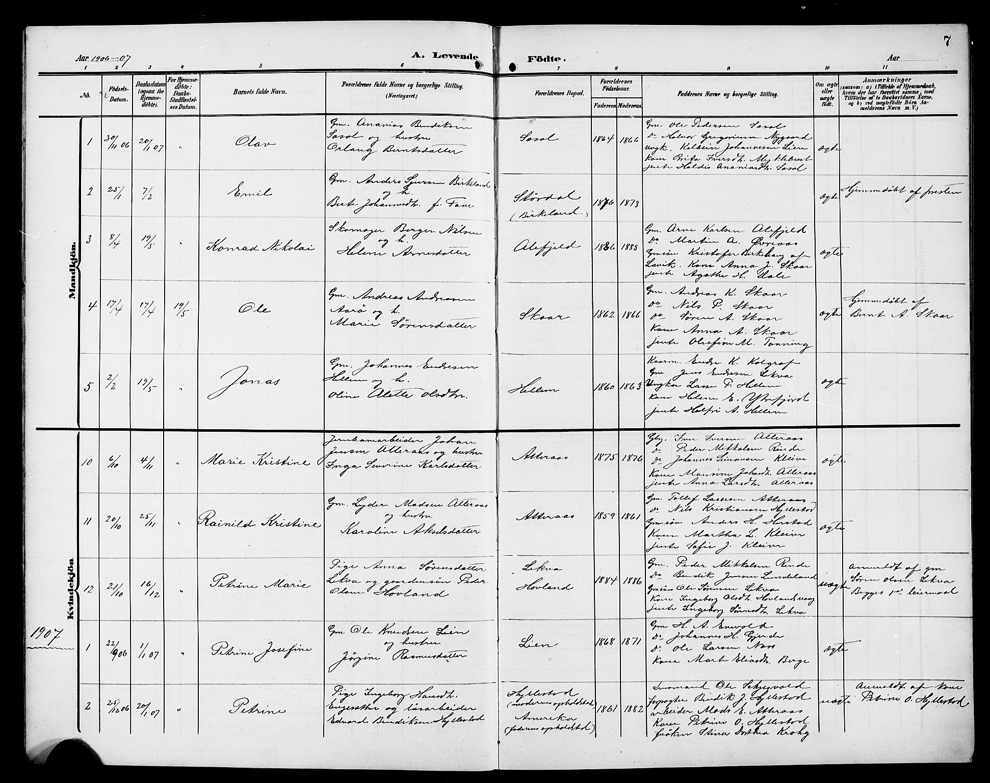 Hyllestad sokneprestembete, SAB/A-80401: Parish register (copy) no. A 3, 1906-1925, p. 7