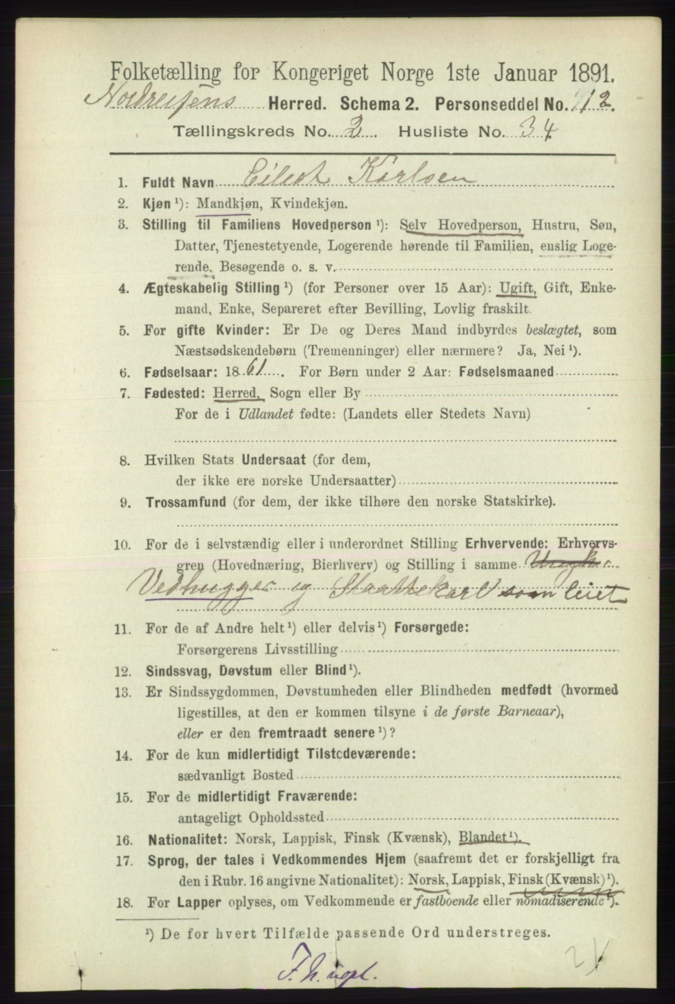 RA, 1891 census for 1942 Nordreisa, 1891, p. 1023